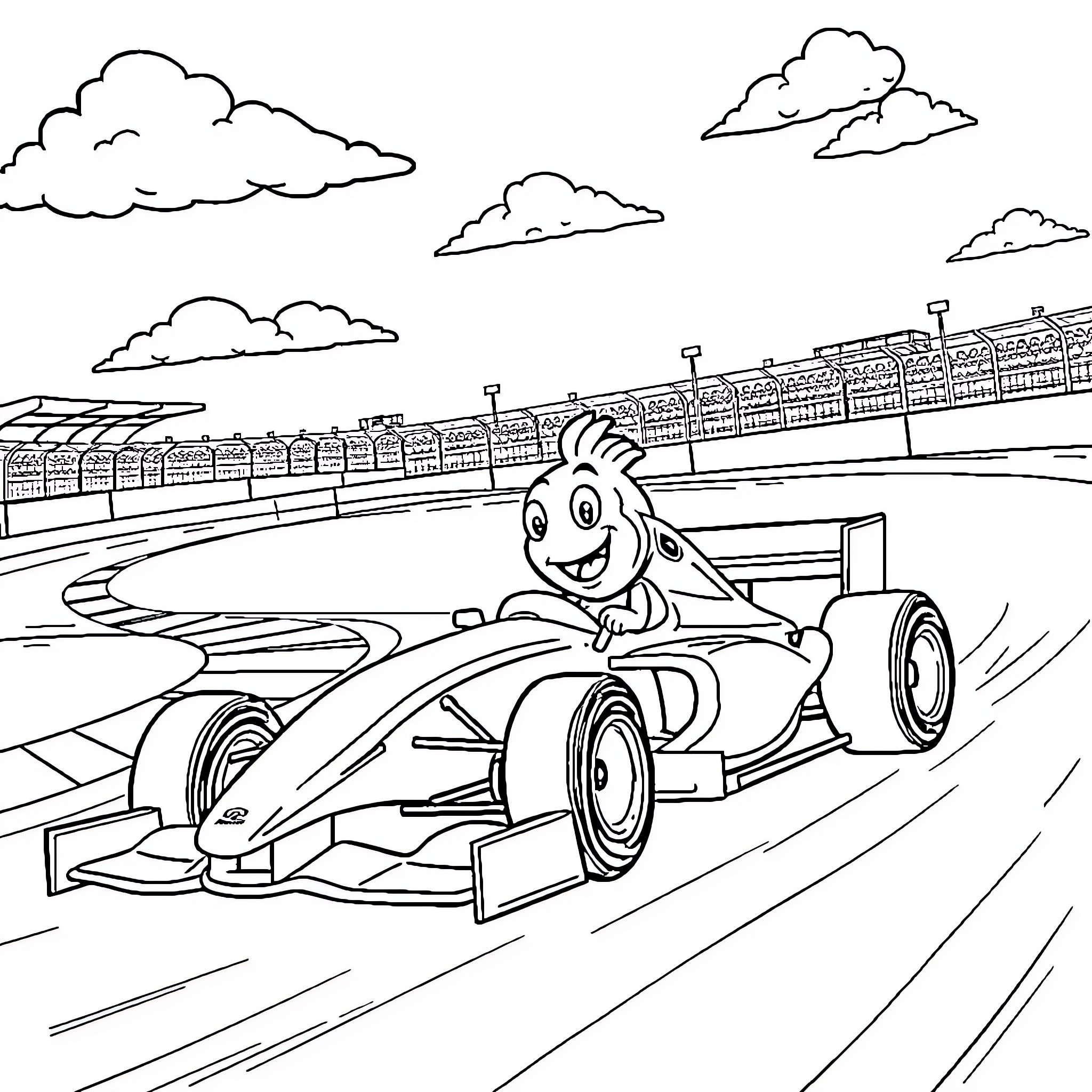 Freddy Fish's Exciting Formula Race Coloring Page (free black-and-white line drawing printable PDF for all, from beginners to advanced learners, including children, teens, adults, and seniors)