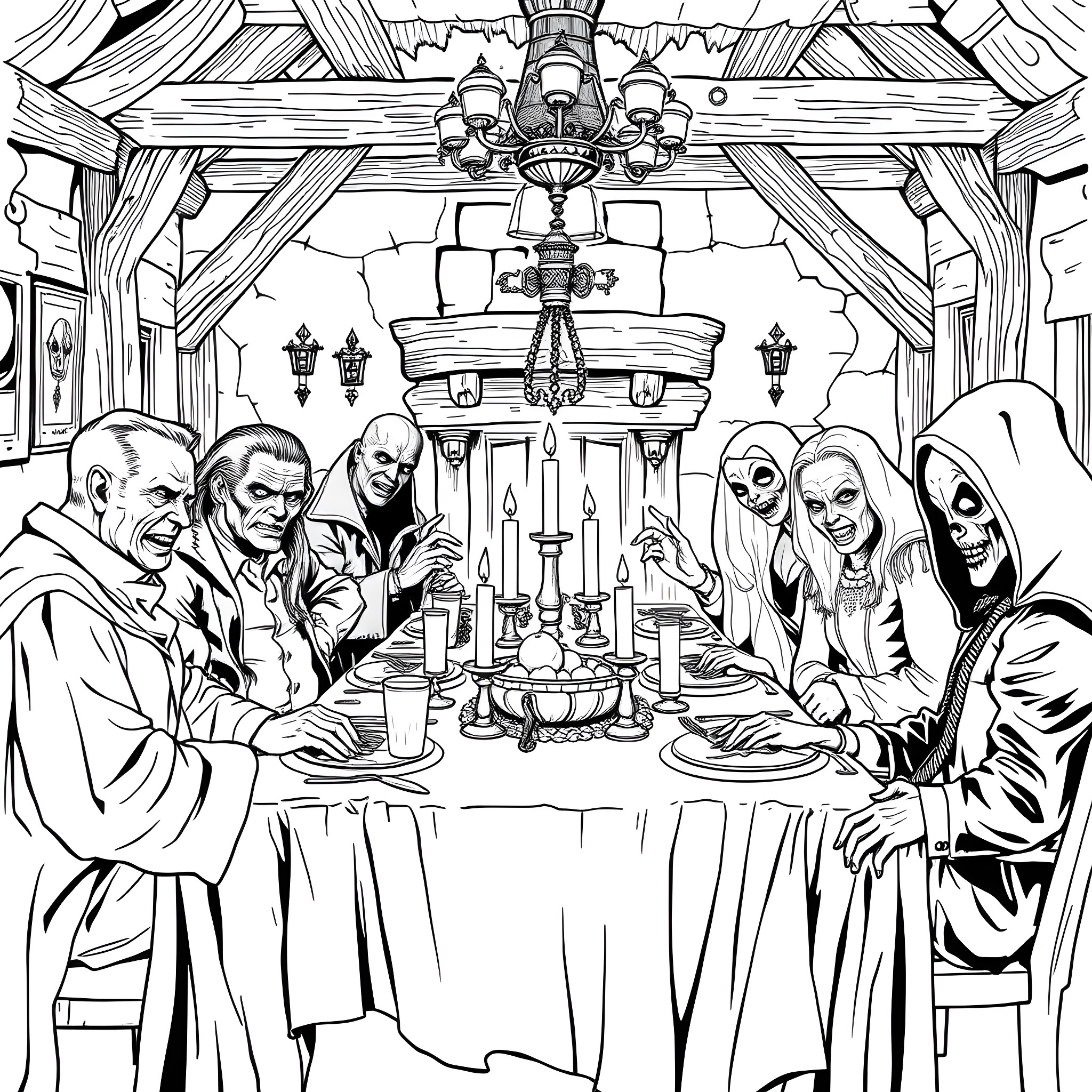 Villain's Dark Feast: Sinister Figures Gathered at Lavish Table Coloring Page (free black-and-white line drawing printable PDF for all, from beginners to advanced learners, including children, teens, adults, and seniors)