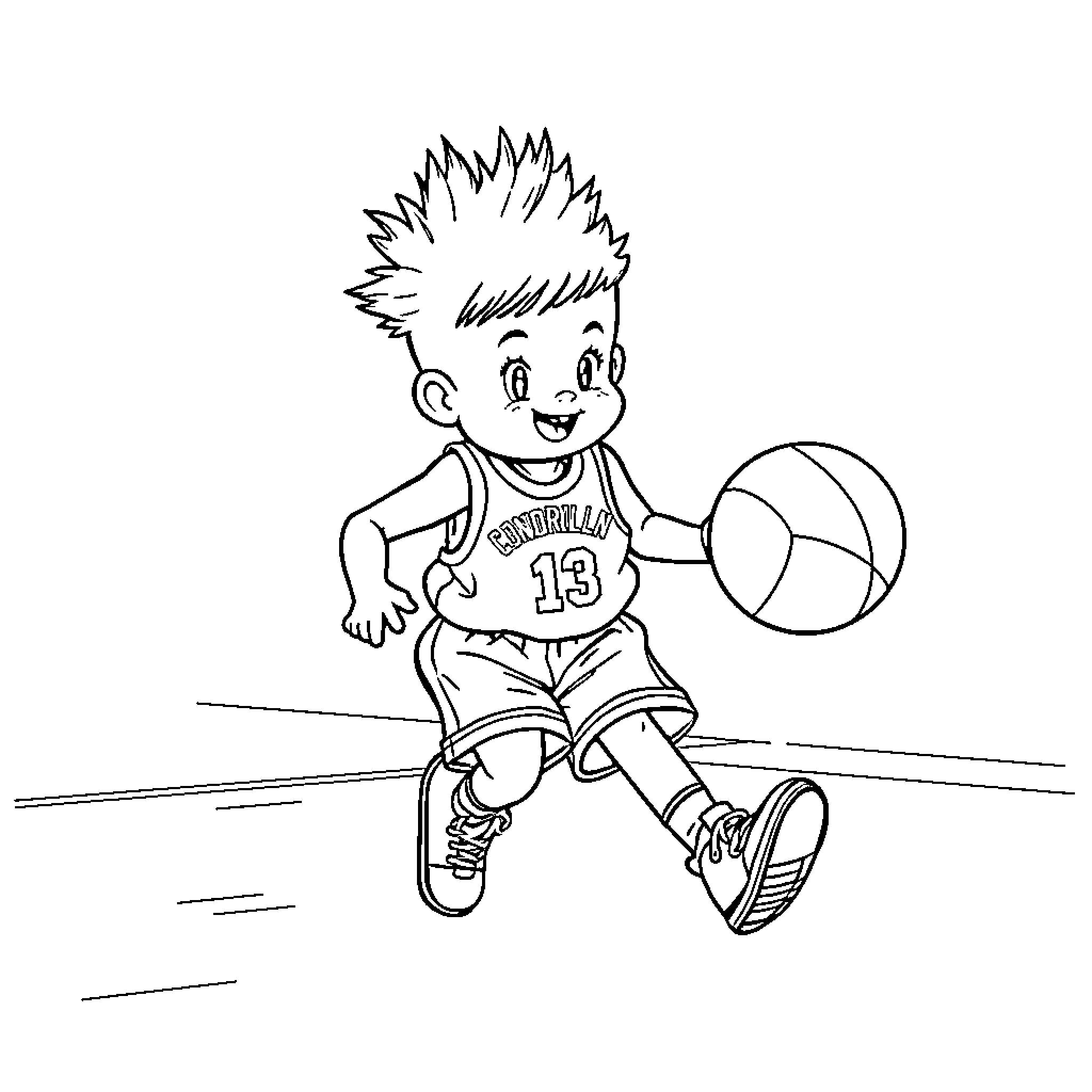 Cinderella's Cheerful Basketball Player Coloring Page (free black-and-white line drawing printable PDF for all, from beginners to advanced learners, including children, teens, adults, and seniors)