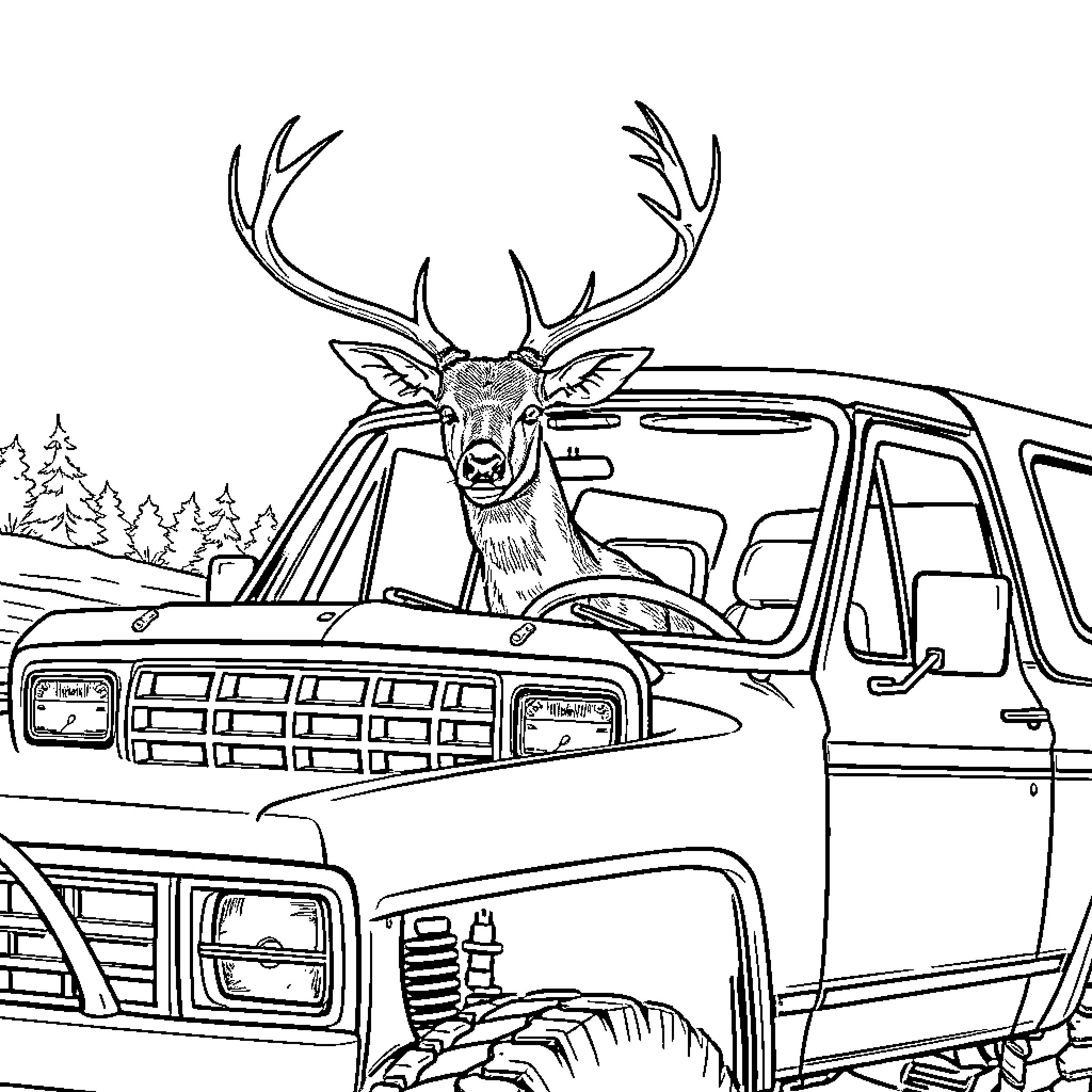 Deer peeking through old truck in the woods Coloring Page (free black-and-white line drawing printable PDF for all, from beginners to advanced learners, including children, teens, adults, and seniors)
