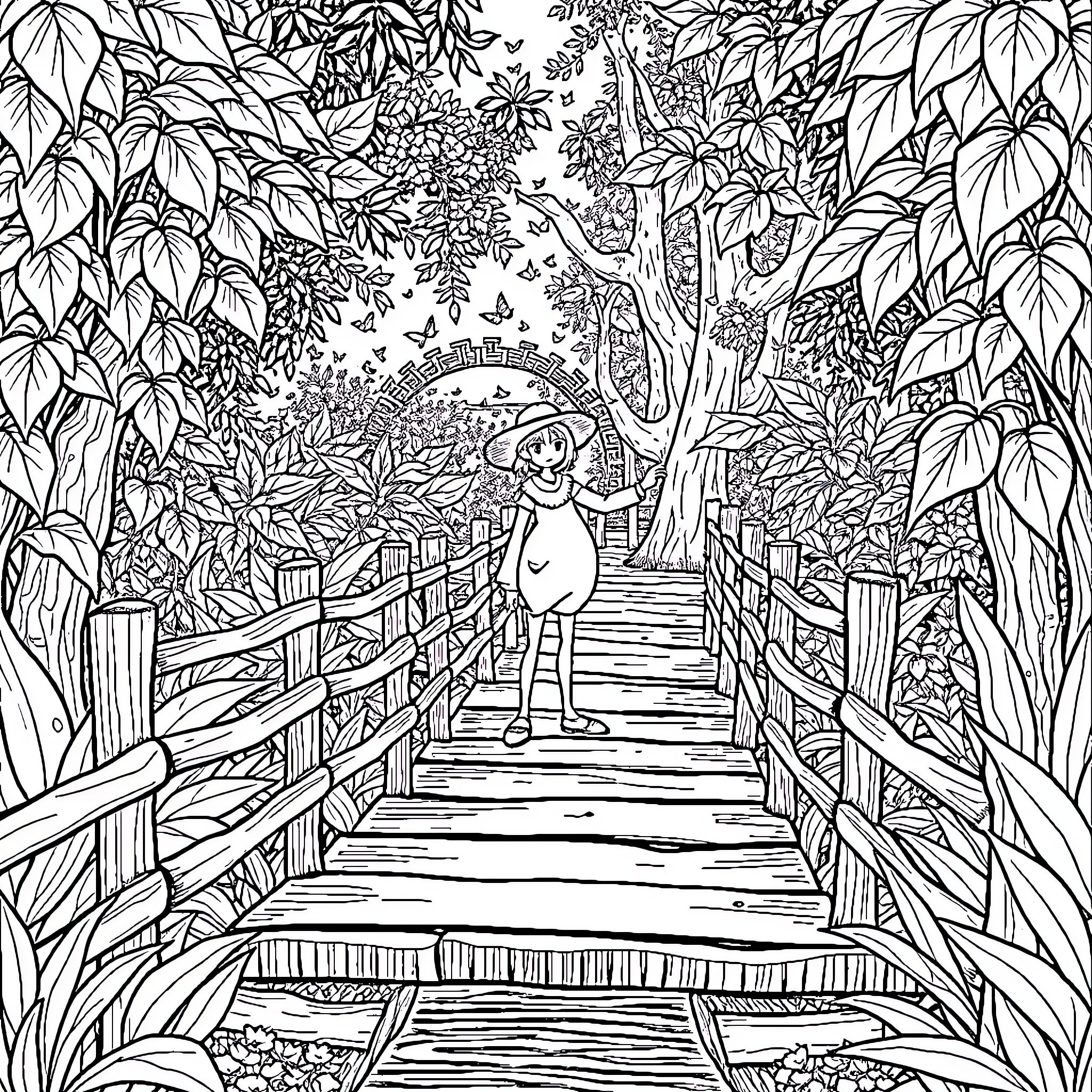 Frieren's Enchanted Forest Adventure Coloring Page (free black-and-white line drawing printable PDF for all, from beginners to advanced learners, including children, teens, adults, and seniors)