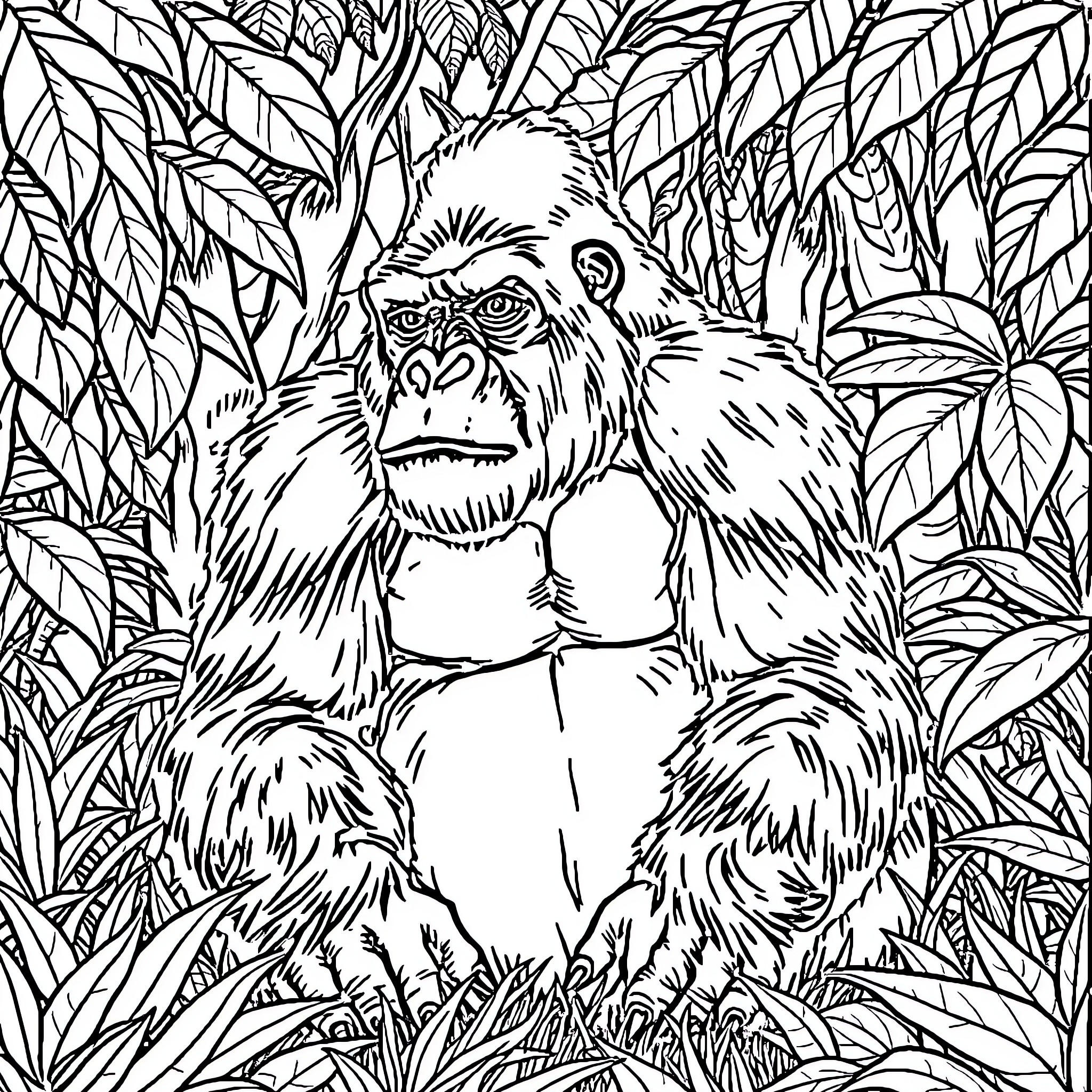 Gorilla concealed in lush jungle foliage Coloring Page (free black-and-white line drawing printable PDF for all, from beginners to advanced learners, including children, teens, adults, and seniors)