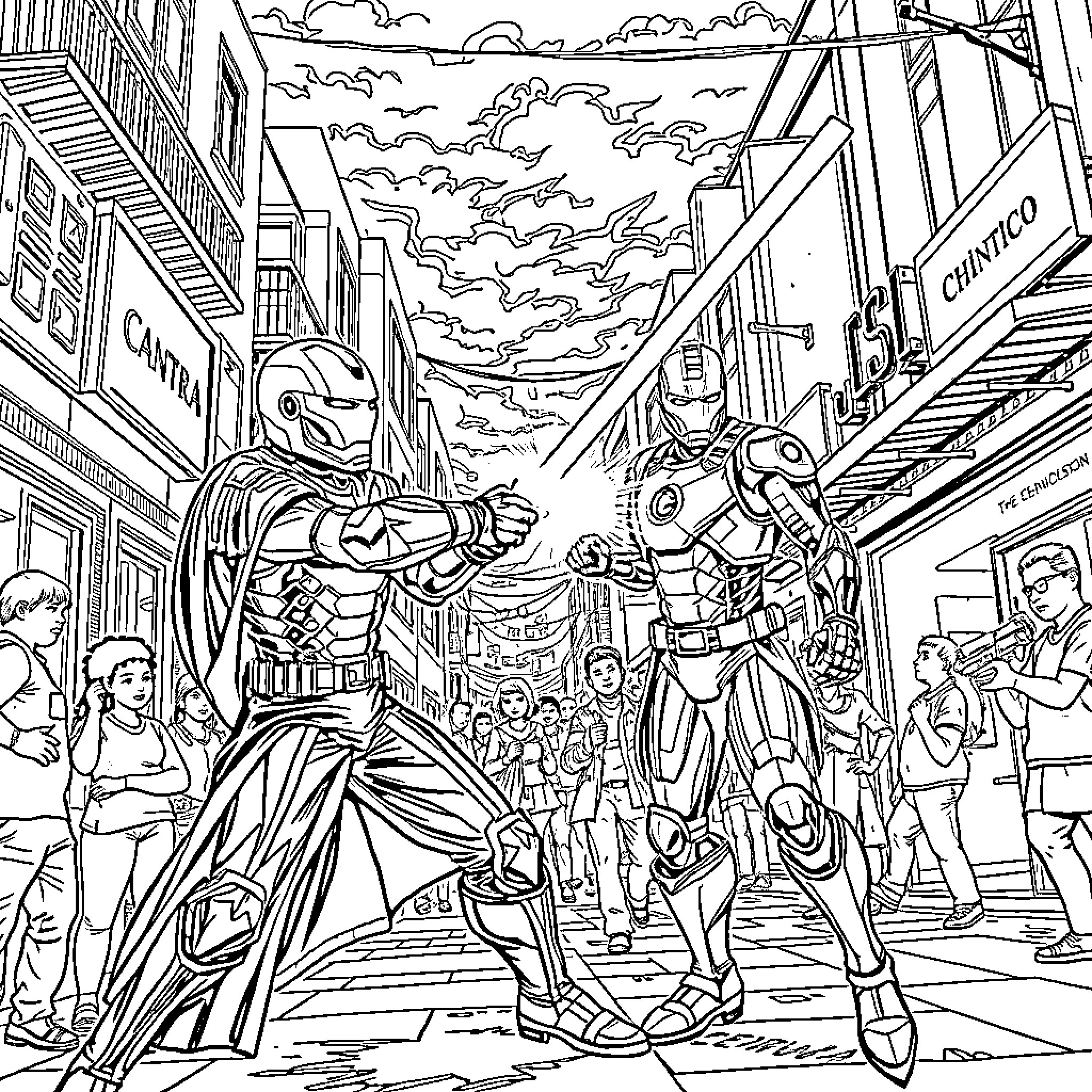 Jedi Knights Confront Robotic Adversaries in City Coloring Page (free black-and-white line drawing printable PDF for all, from beginners to advanced learners, including children, teens, adults, and seniors)