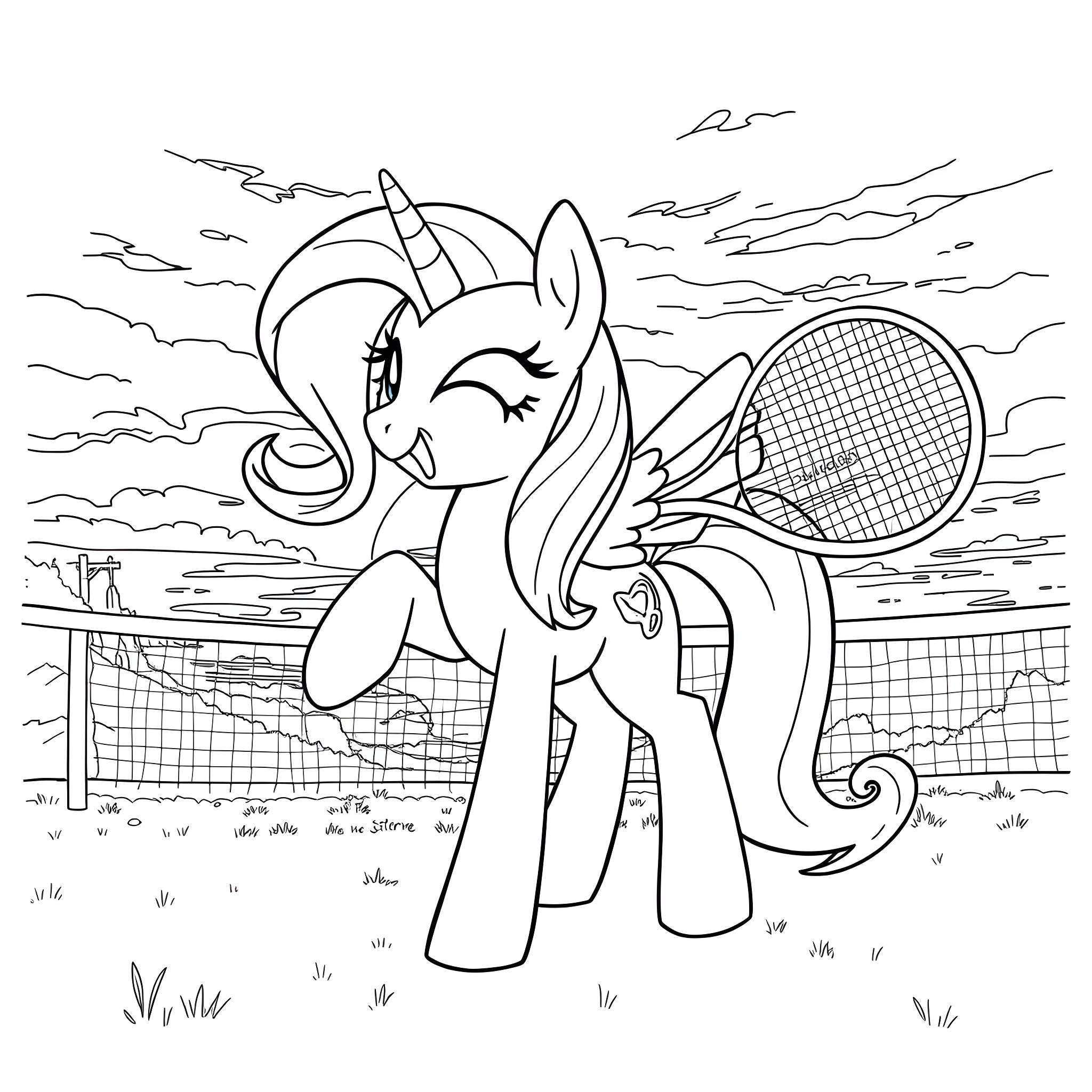 Twilight Sparkle playing tennis on the beach Coloring Page (free black-and-white line drawing printable PDF for all, from beginners to advanced learners, including children, teens, adults, and seniors)