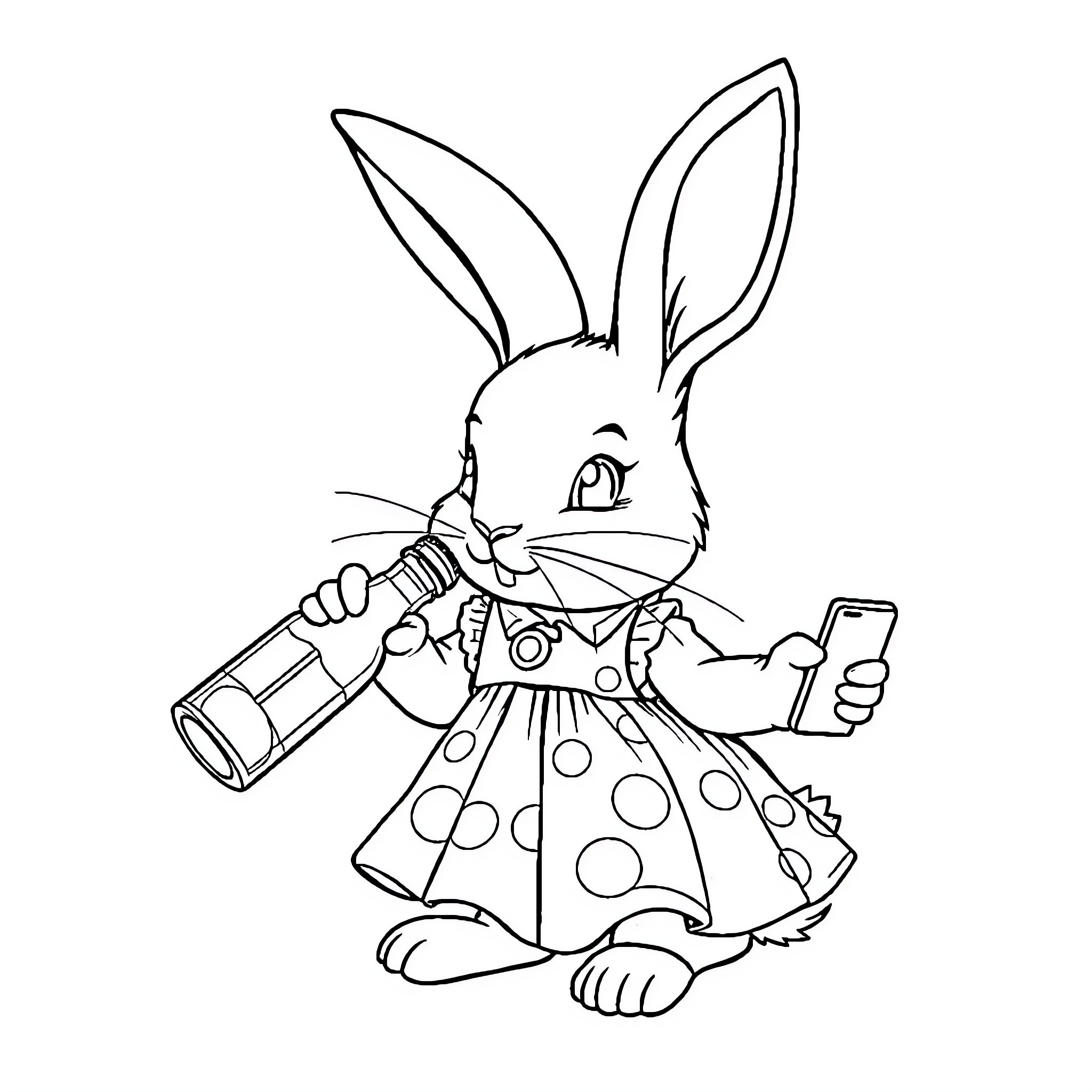 Bunny holding flashlight in costume Coloring Page (free black-and-white line drawing printable PDF for all, from beginners to advanced learners, including children, teens, adults, and seniors)