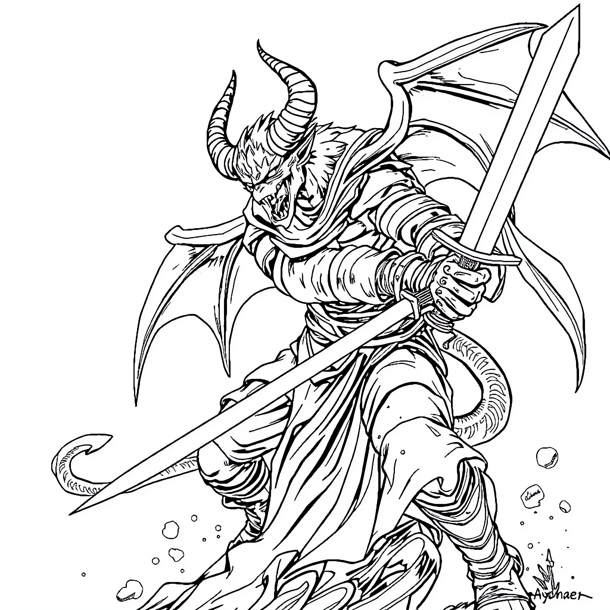 Demon Slayer warrior wielding a sword with ferocity Coloring Page (free black-and-white line drawing printable PDF for all, from beginners to advanced learners, including children, teens, adults, and seniors)