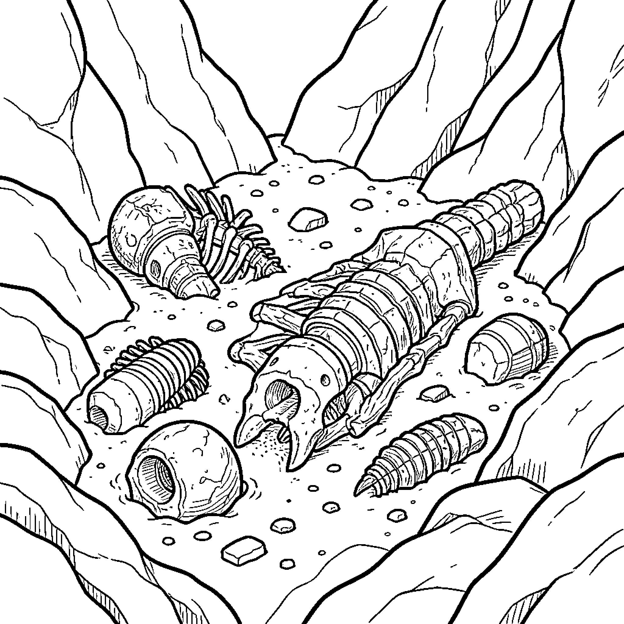 Fossil remains discovered in ancient geological layers Coloring Page (free black-and-white line drawing printable PDF for all, from beginners to advanced learners, including children, teens, adults, and seniors)