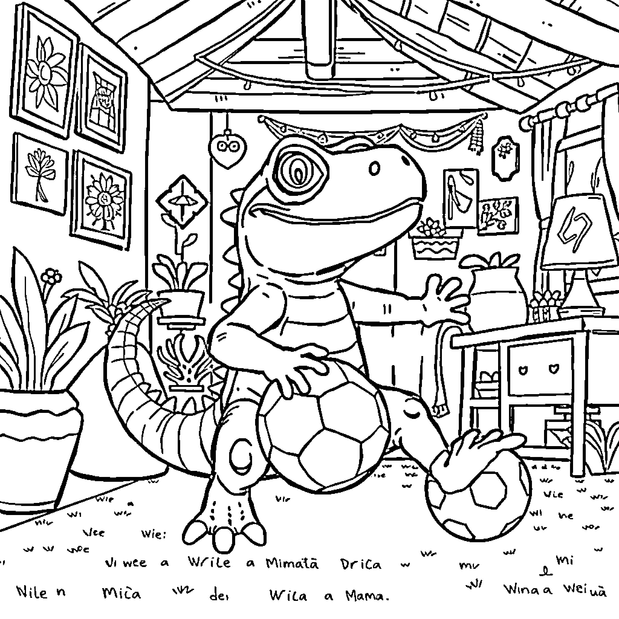Crocodile playing with soccer ball in cozy home Coloring Page (free black-and-white line drawing printable PDF for all, from beginners to advanced learners, including children, teens, adults, and seniors)