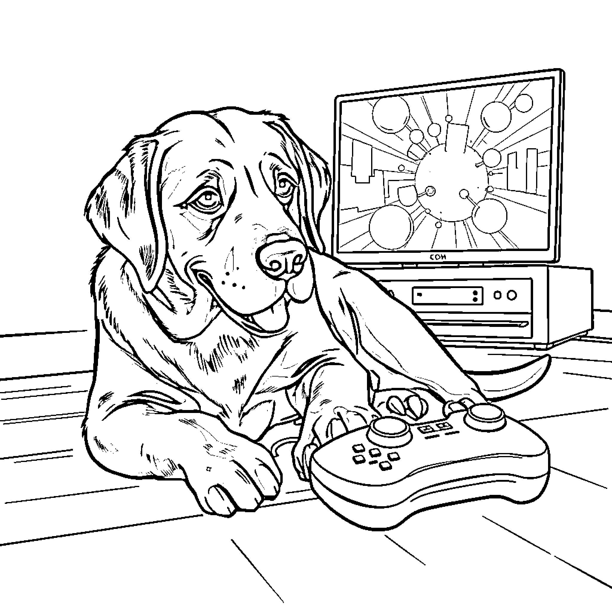 Labrador playing video games in front of television Coloring Page (free black-and-white line drawing printable PDF for all, from beginners to advanced learners, including children, teens, adults, and seniors)