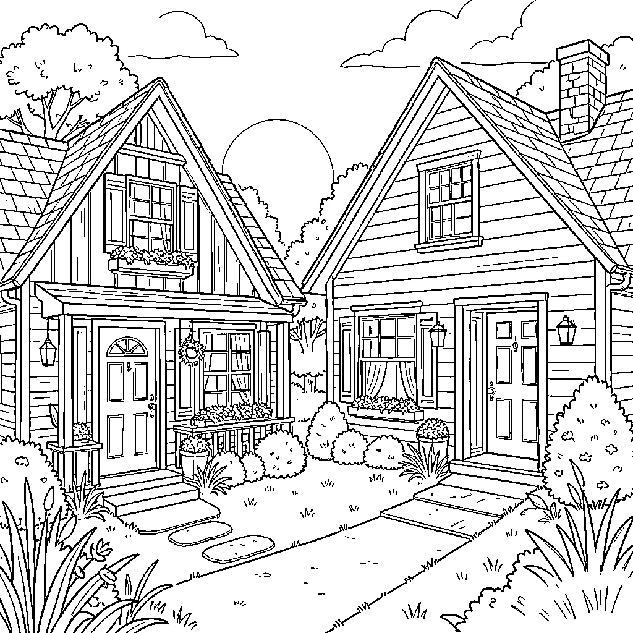 Home with cozy cottages and lush gardens Coloring Page (free black-and-white line drawing printable PDF for all, from beginners to advanced learners, including children, teens, adults, and seniors)