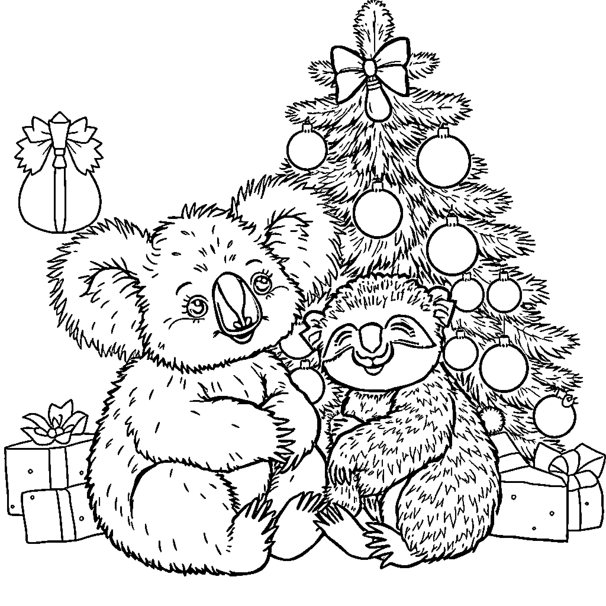 Koala friends celebrate Christmas with decorations Coloring Page (free black-and-white line drawing printable PDF for all, from beginners to advanced learners, including children, teens, adults, and seniors)