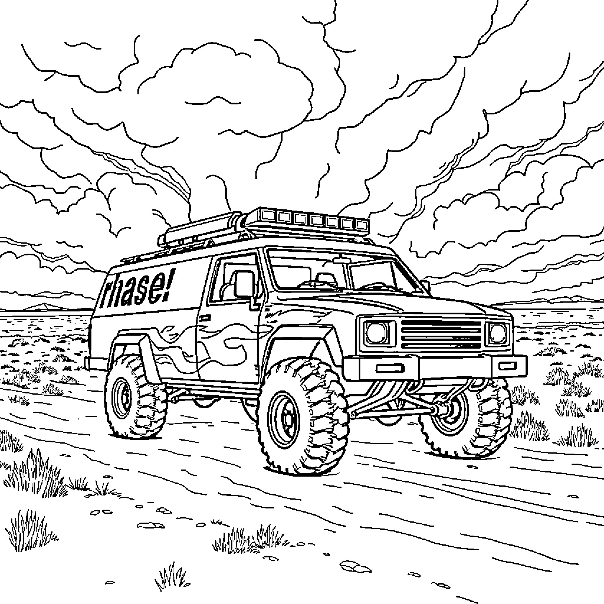 Storm Chaser Navigates Rugged Terrain in Pursuit of Adventure Coloring Page (free black-and-white line drawing printable PDF for all, from beginners to advanced learners, including children, teens, adults, and seniors)
