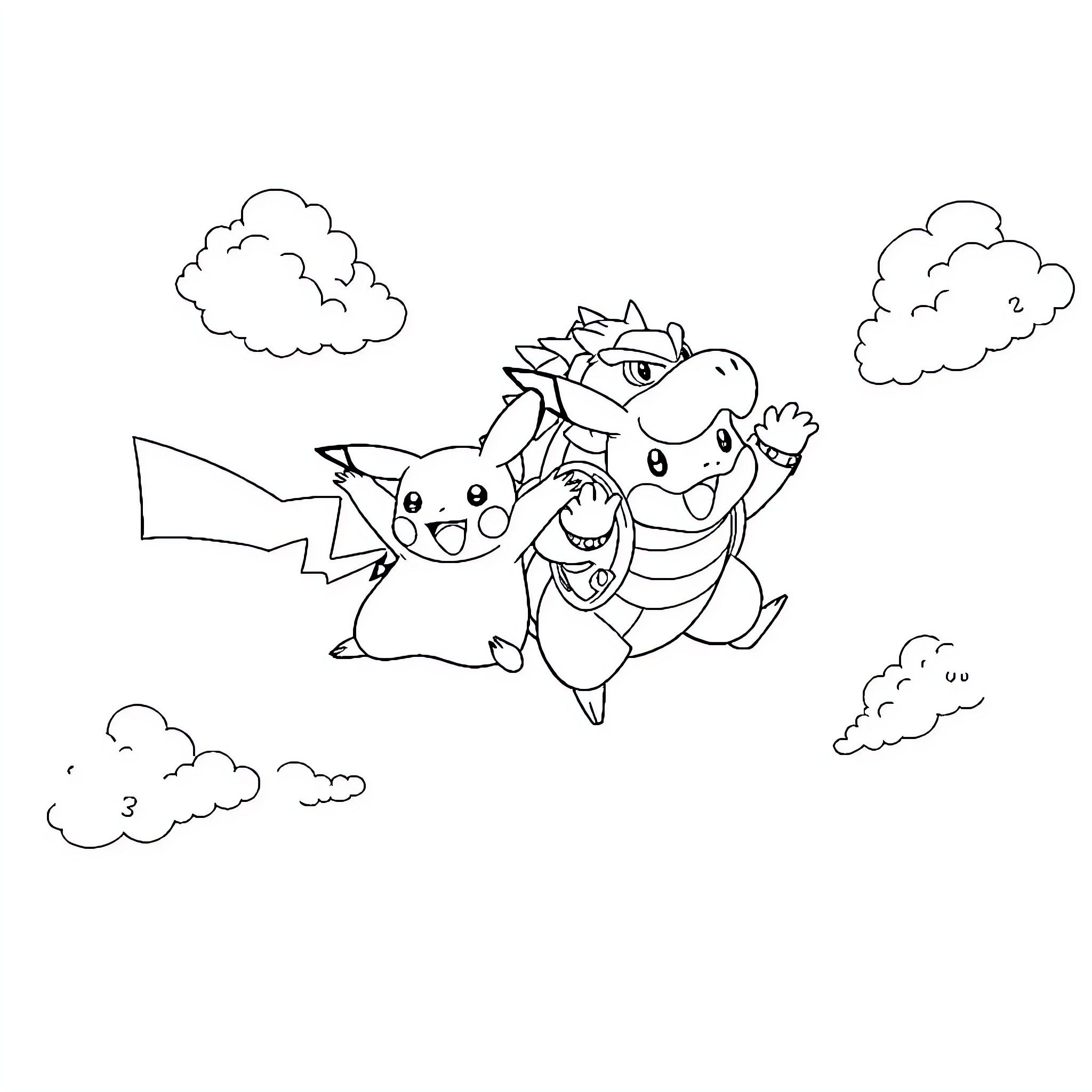 Pikachu and Charmander playing in the clouds Coloring Page (free black-and-white line drawing printable PDF for all, from beginners to advanced learners, including children, teens, adults, and seniors)