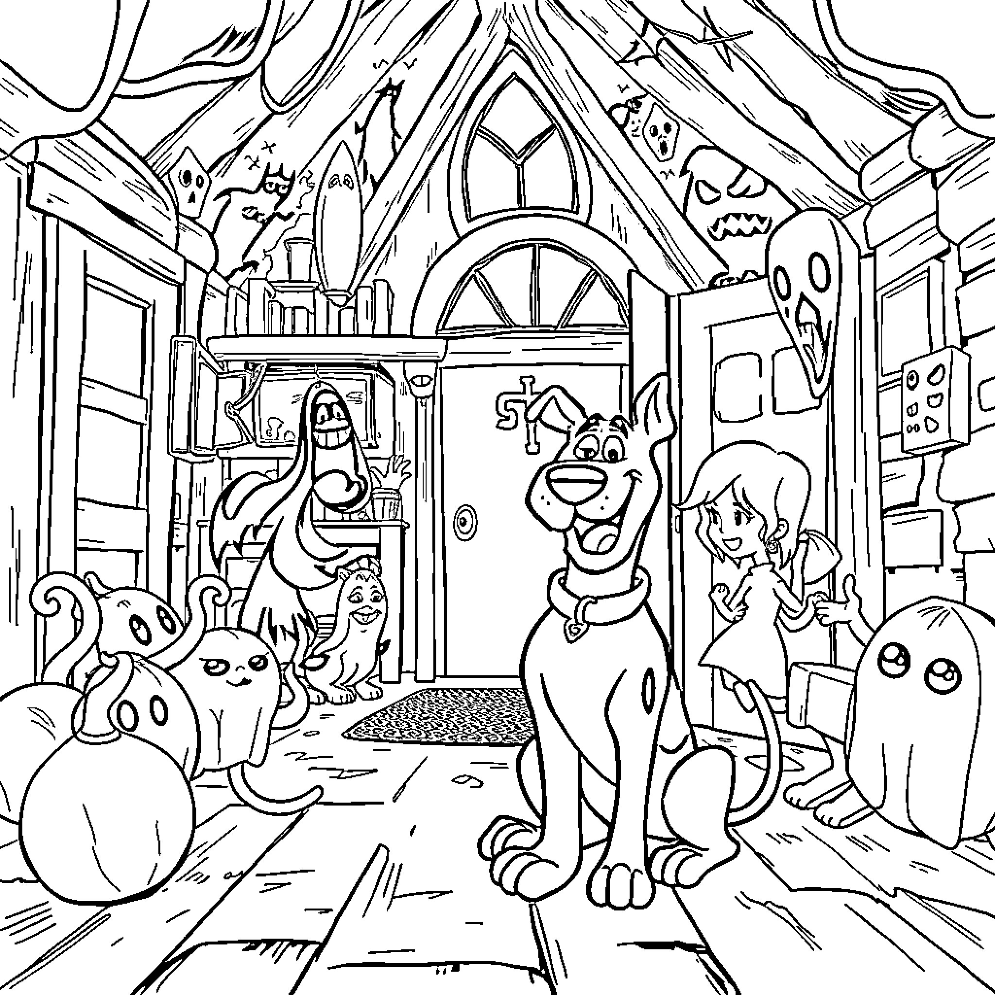 Scooby Doo and Friends Explore Spooky Haunted House Coloring Page (free black-and-white line drawing printable PDF for all, from beginners to advanced learners, including children, teens, adults, and seniors)