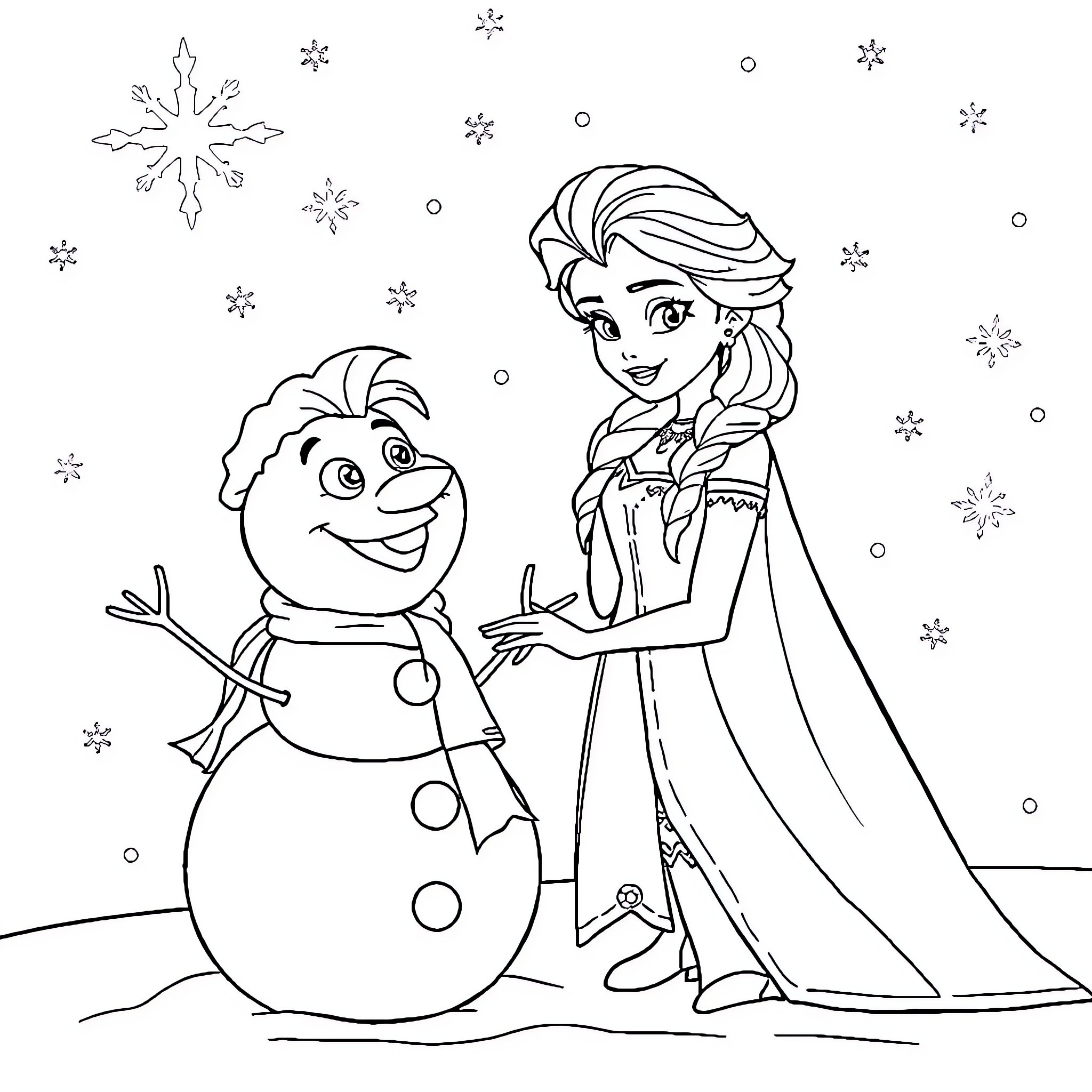 Elsa building a snowman with Olaf Coloring Page (free black-and-white line drawing printable PDF for all, from beginners to advanced learners, including children, teens, adults, and seniors)