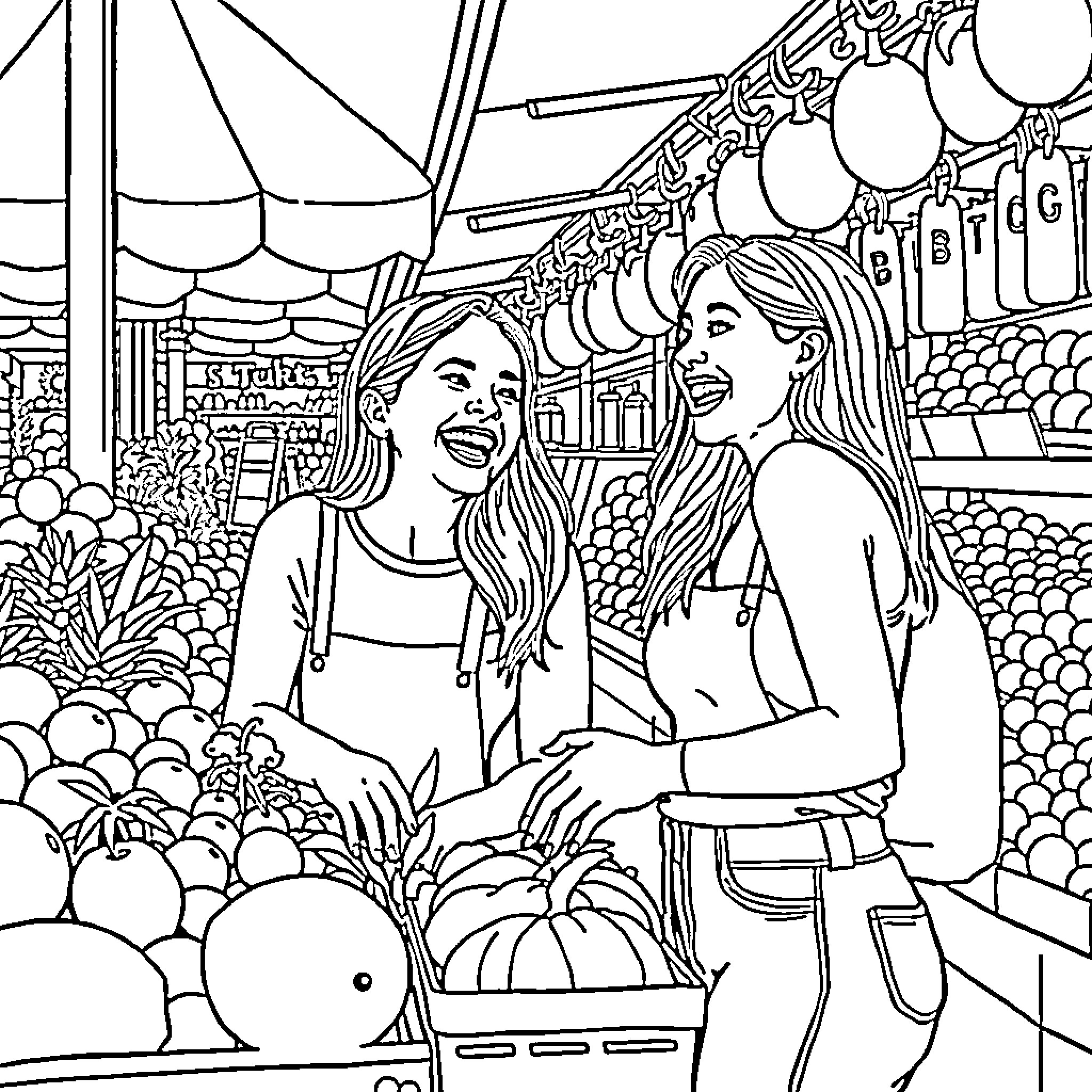 Friend enjoying their time at the lively farmer's market Coloring Page (free black-and-white line drawing printable PDF for all, from beginners to advanced learners, including children, teens, adults, and seniors)