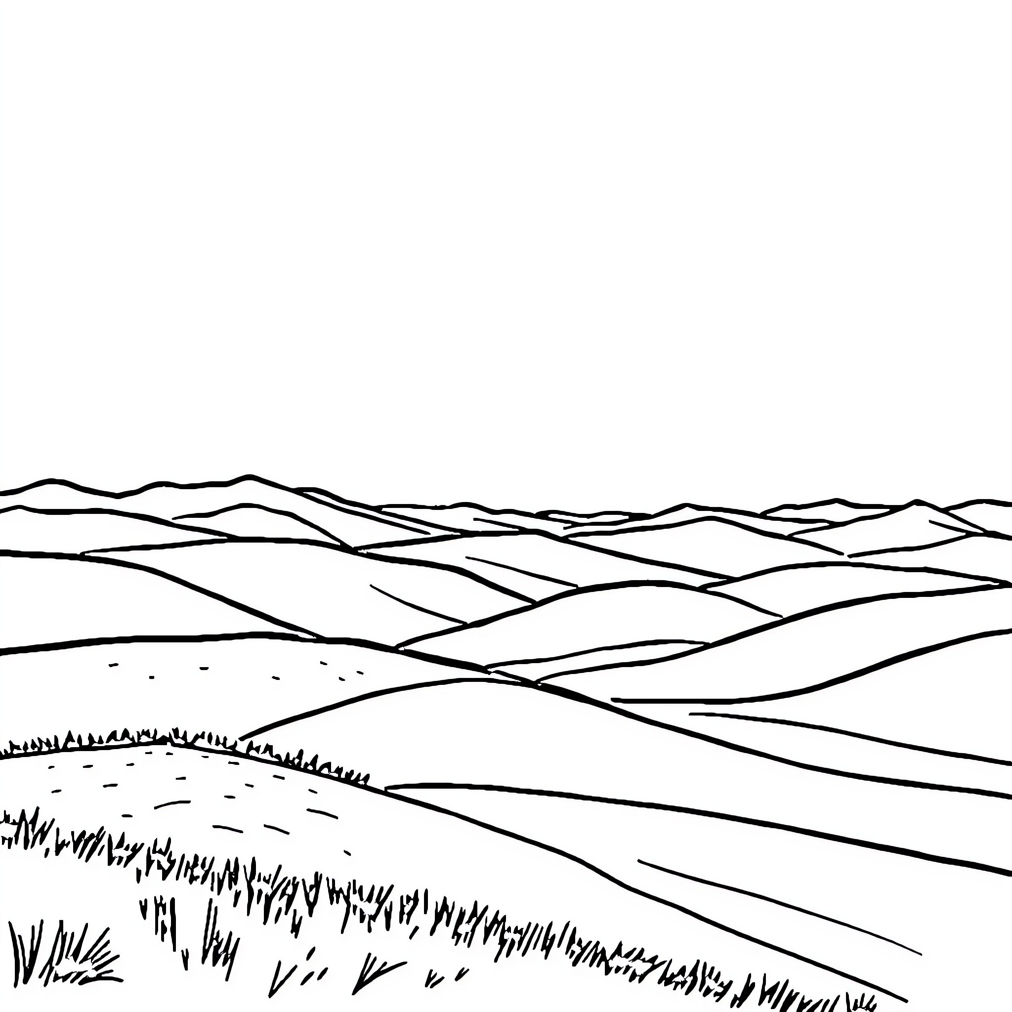 Landscape of rolling hills and grassy fields Coloring Page (free black-and-white line drawing printable PDF for all, from beginners to advanced learners, including children, teens, adults, and seniors)