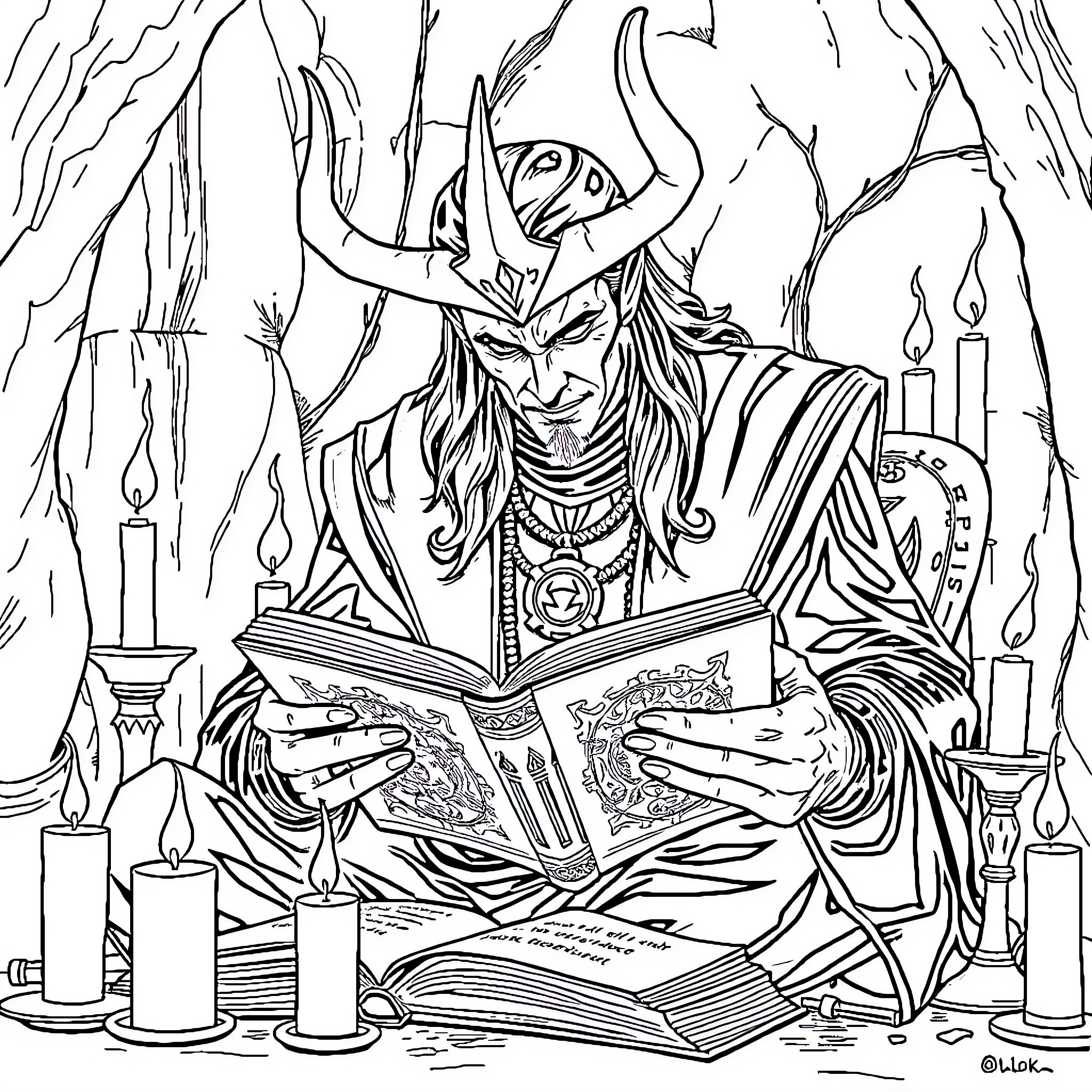 Loki Studying Ancient Tomes in a Mystical Chamber Coloring Page (free black-and-white line drawing printable PDF for all, from beginners to advanced learners, including children, teens, adults, and seniors)