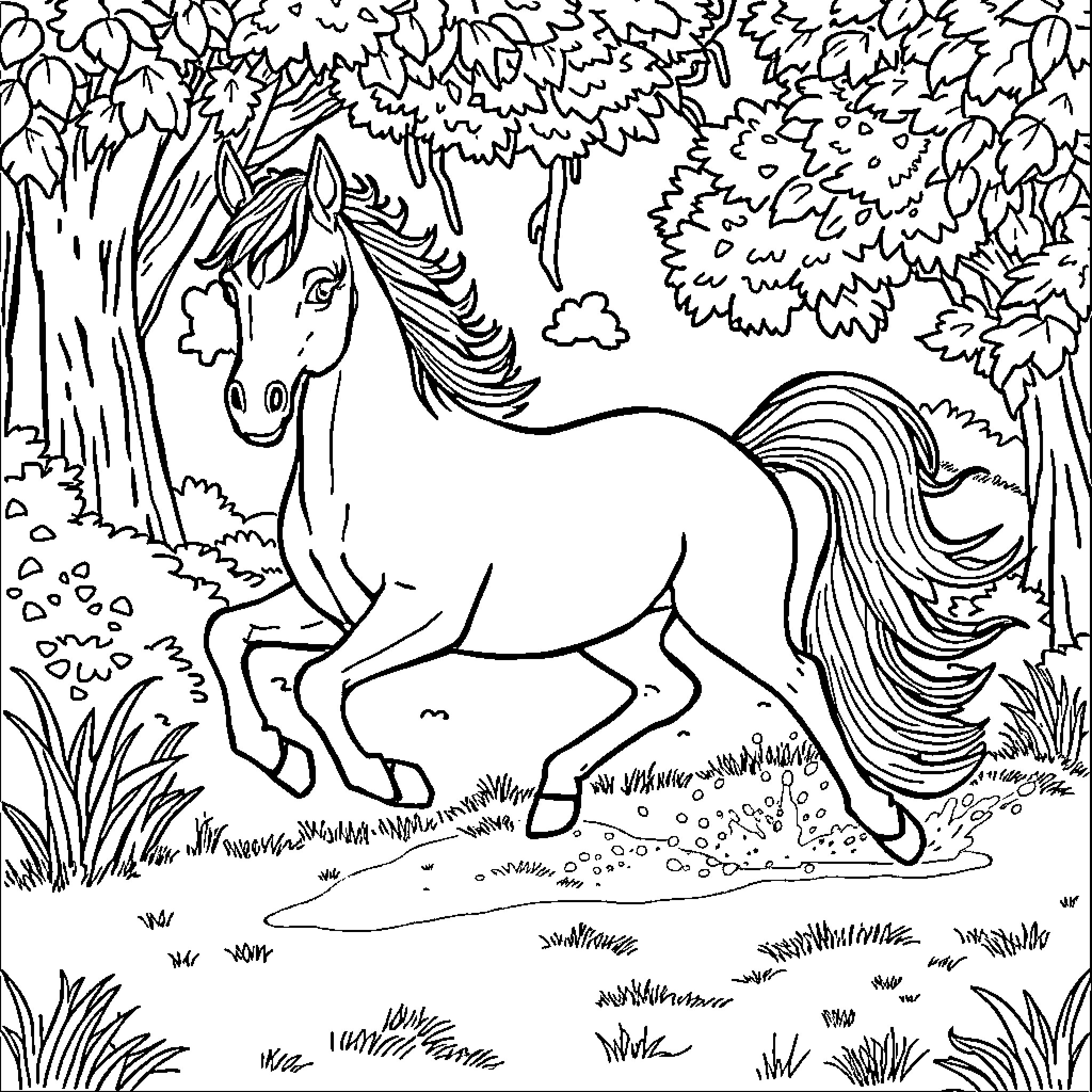 Horse galloping through a wooded landscape Coloring Page (free black-and-white line drawing printable PDF for all, from beginners to advanced learners, including children, teens, adults, and seniors)