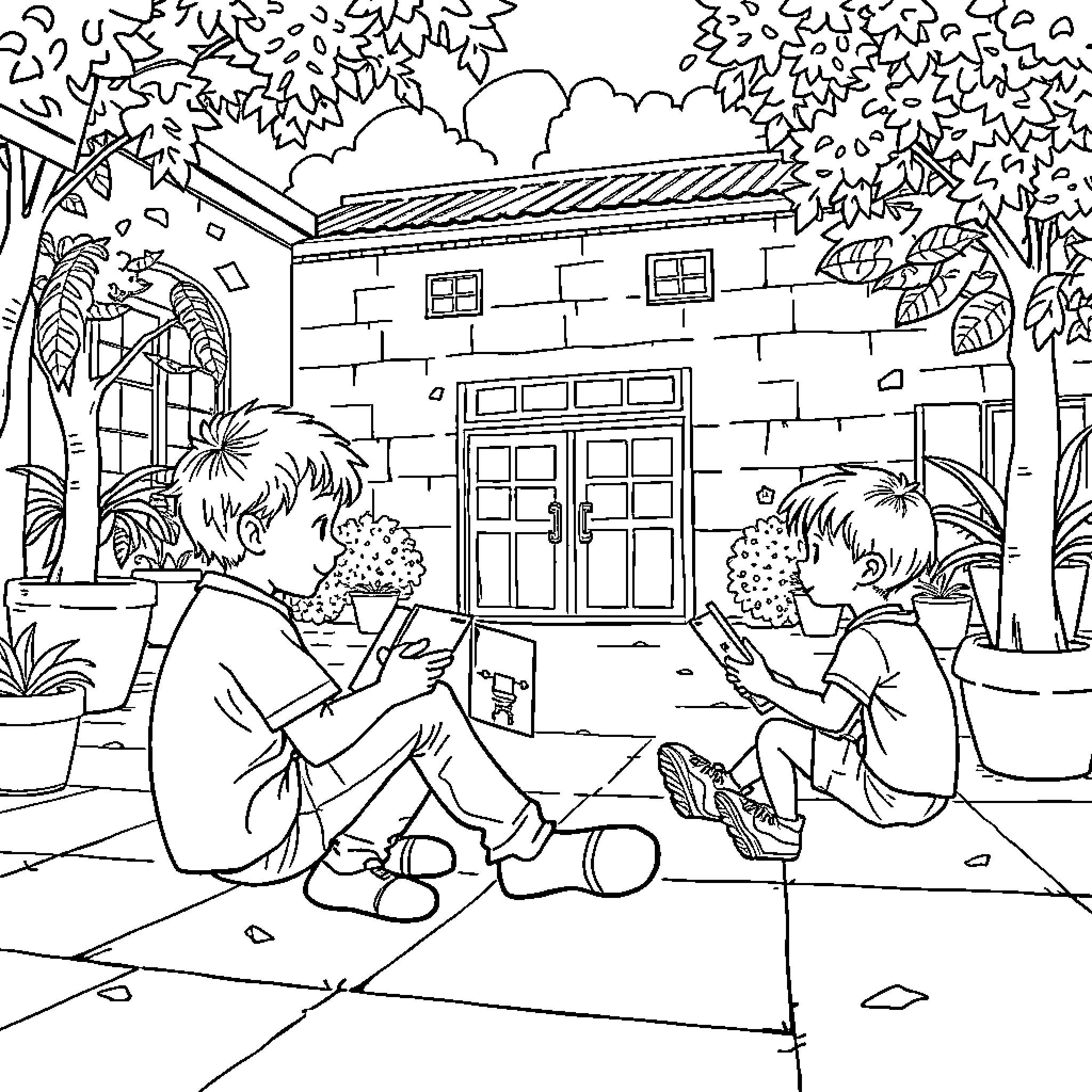 Niños jugando alegremente en la sombra de un edificio Coloring Page (free black-and-white line drawing printable PDF for all, from beginners to advanced learners, including children, teens, adults, and seniors)