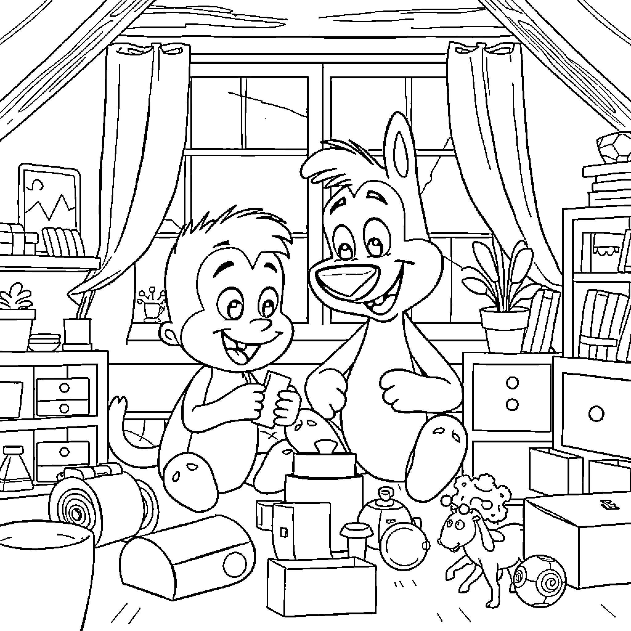 Bluey and friends playing in their cozy home Coloring Page (free black-and-white line drawing printable PDF for all, from beginners to advanced learners, including children, teens, adults, and seniors)