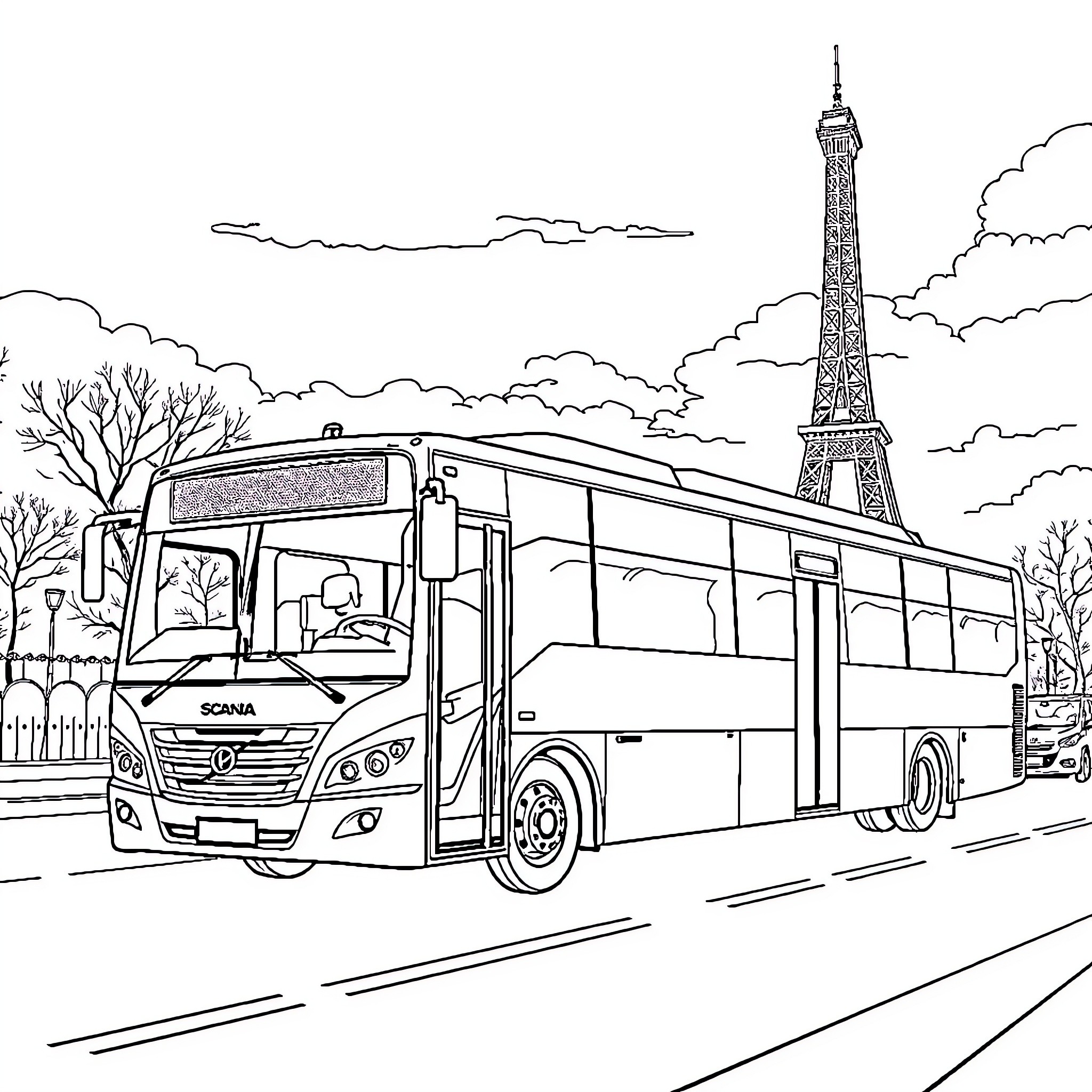 Scania bus traveling through scenic Paris Coloring Page (free black-and-white line drawing printable PDF for all, from beginners to advanced learners, including children, teens, adults, and seniors)