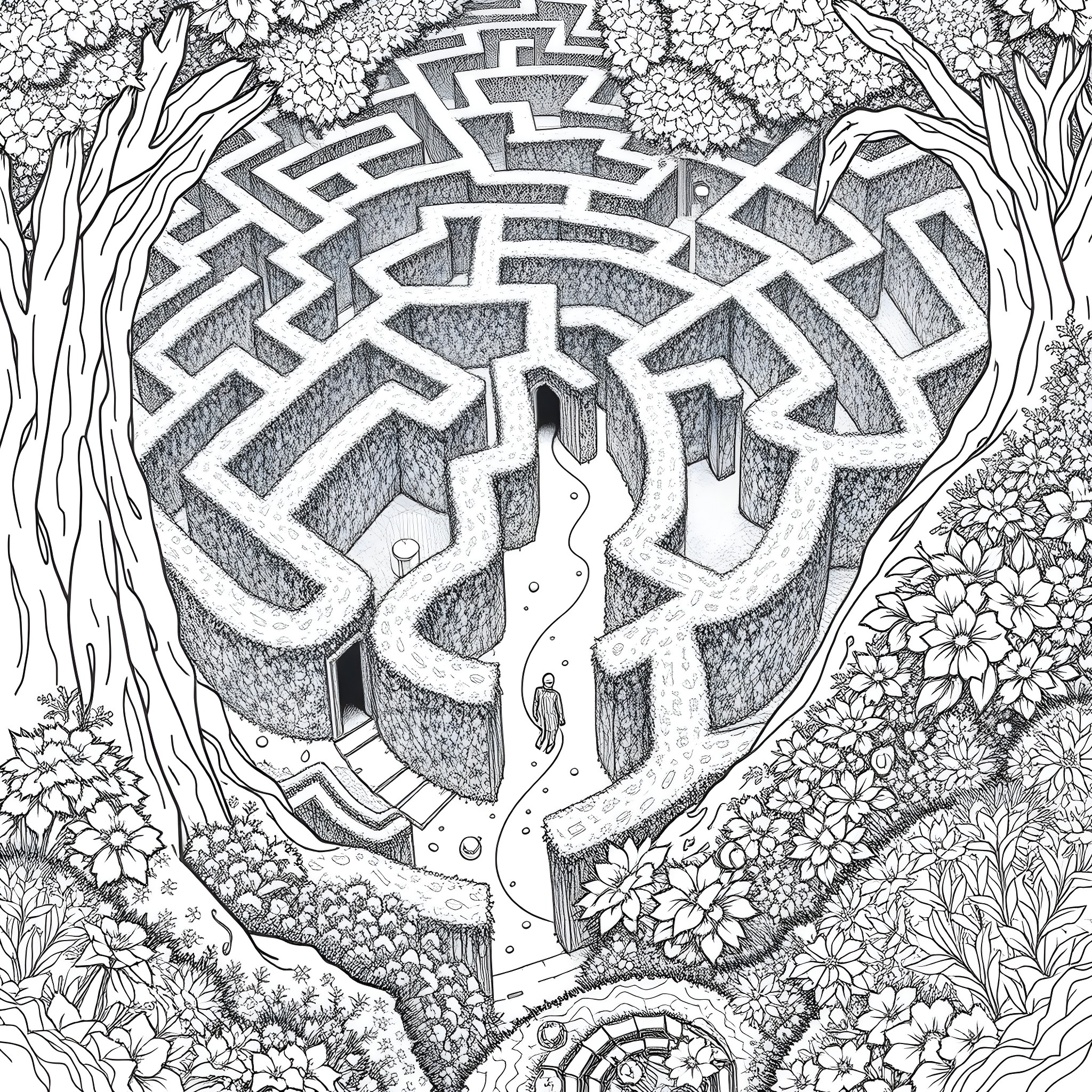 Labyrinth of intricate patterns and abstract shapes Coloring Page (free black-and-white line drawing printable PDF for all, from beginners to advanced learners, including children, teens, adults, and seniors)