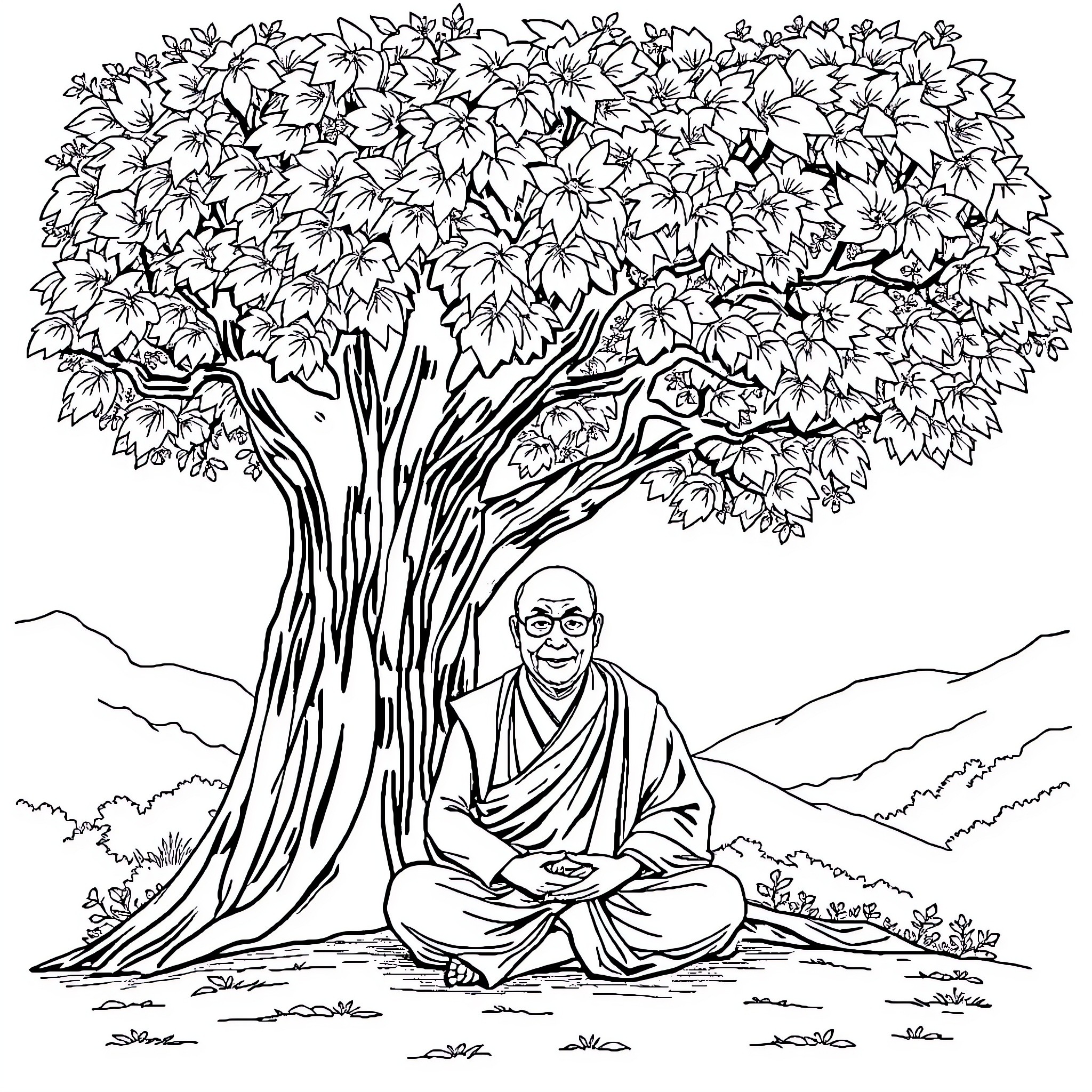 Dalai Lama meditating under a tree Coloring Page (free black-and-white line drawing printable PDF for all, from beginners to advanced learners, including children, teens, adults, and seniors)