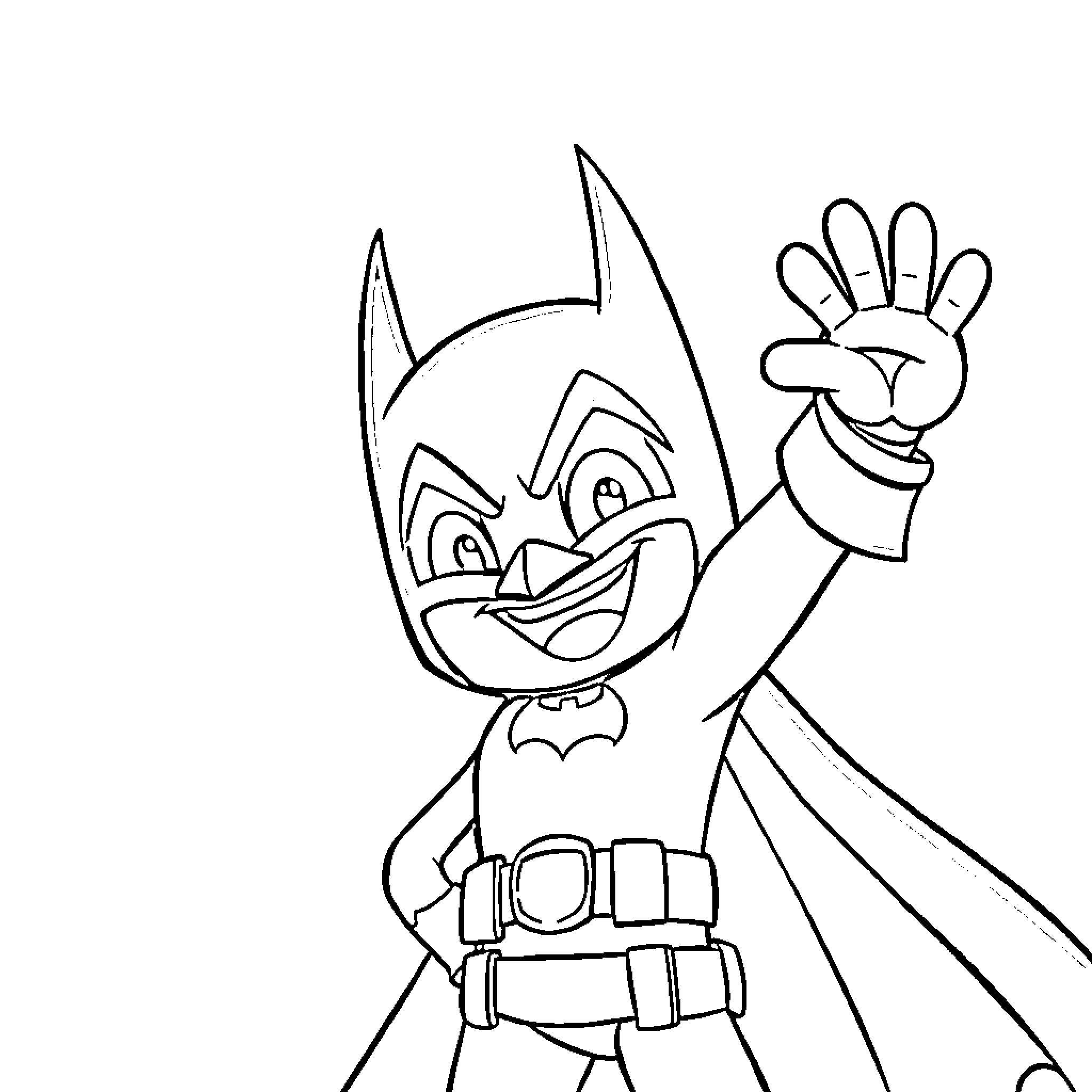 Batman waving and posing enthusiastically Coloring Page (free black-and-white line drawing printable PDF for all, from beginners to advanced learners, including children, teens, adults, and seniors)