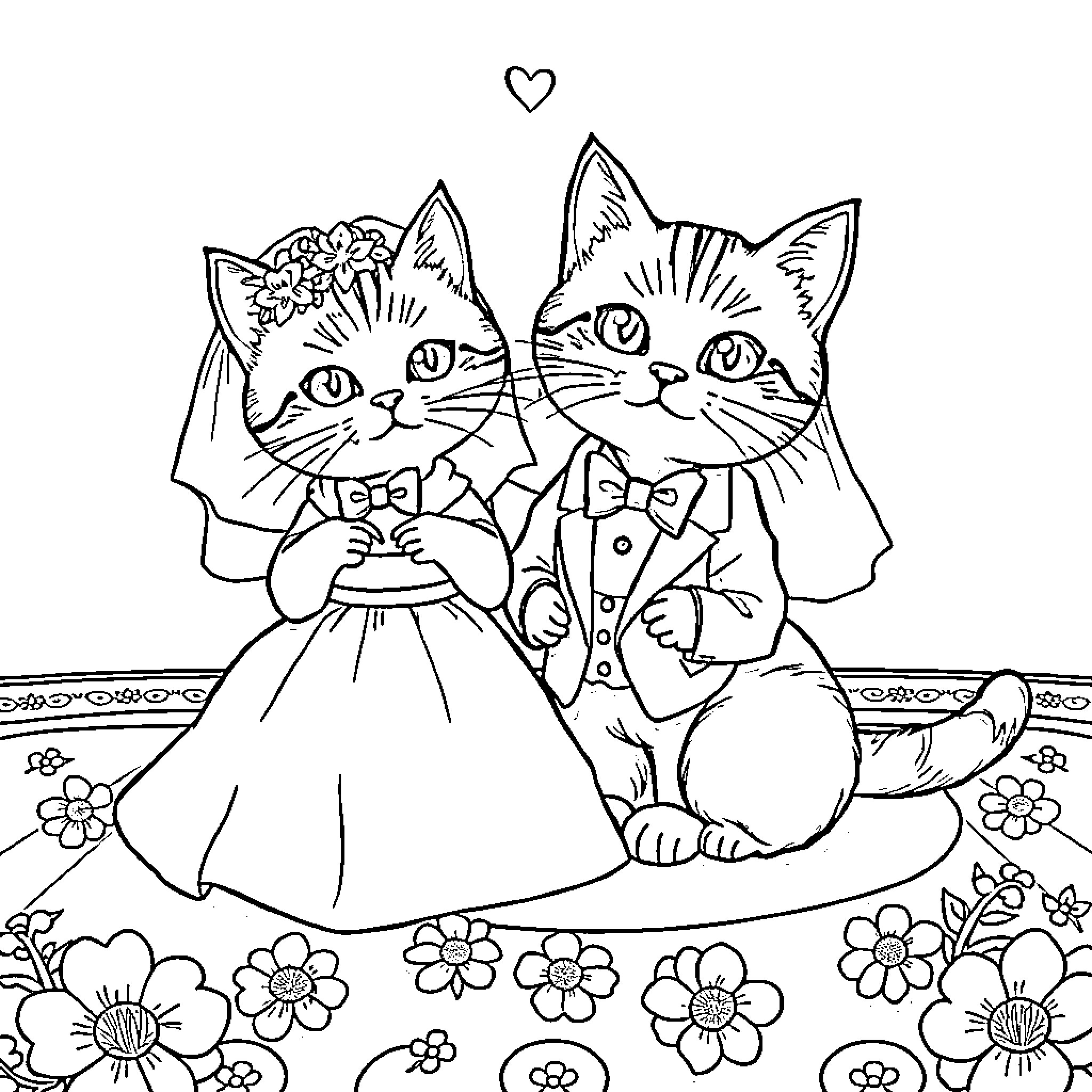 Cat Couple in Formal Attire Coloring Page (free black-and-white line drawing printable PDF for all, from beginners to advanced learners, including children, teens, adults, and seniors)