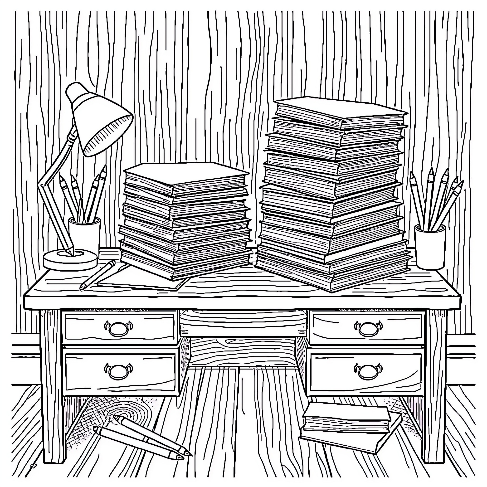 Cahier: Desk full of books and stationery Coloring Page (free black-and-white line drawing printable PDF for all, from beginners to advanced learners, including children, teens, adults, and seniors)