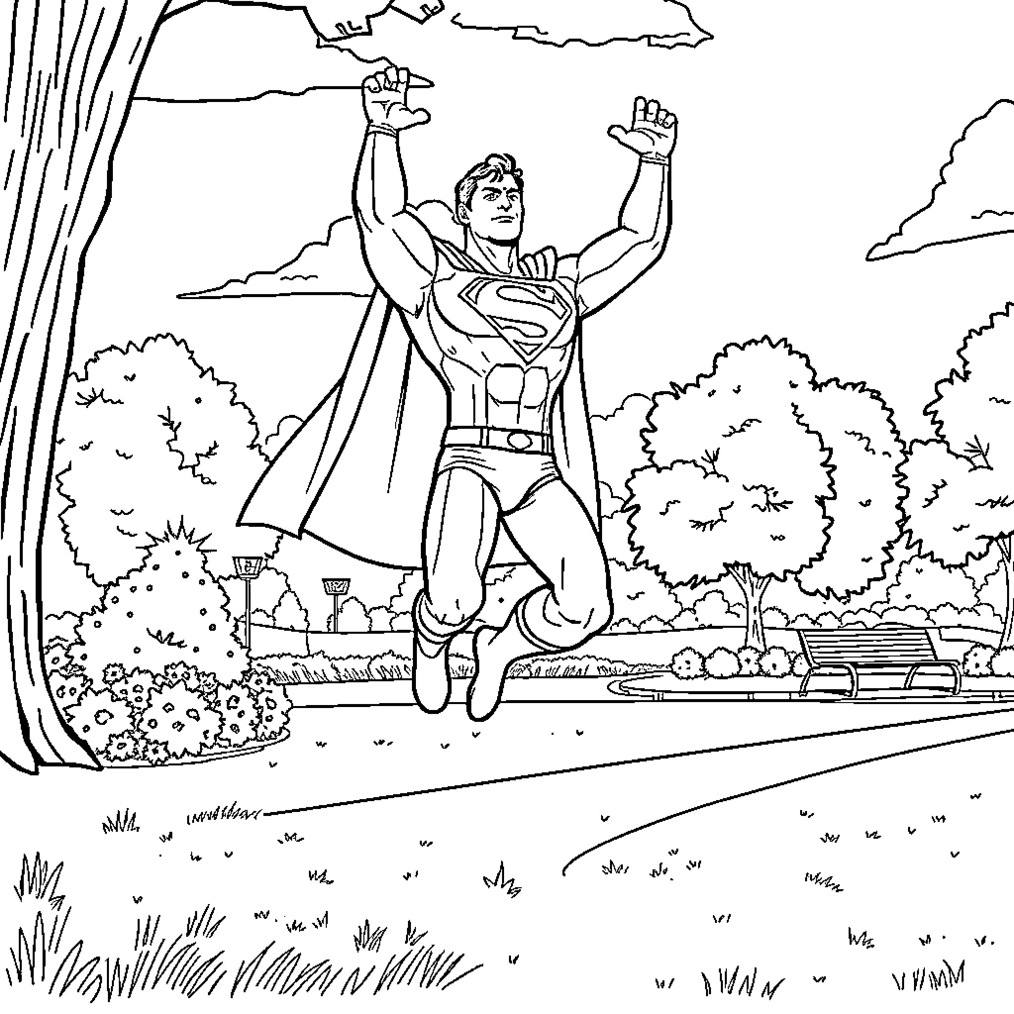 Superman heroically soaring through the sky Coloring Page (free black-and-white line drawing printable PDF for all, from beginners to advanced learners, including children, teens, adults, and seniors)