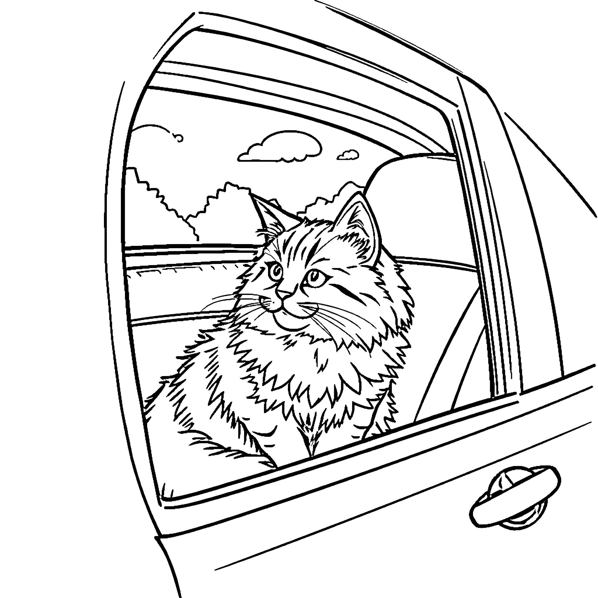 Cat looking out car window Coloring Page (free black-and-white line drawing printable PDF for all, from beginners to advanced learners, including children, teens, adults, and seniors)