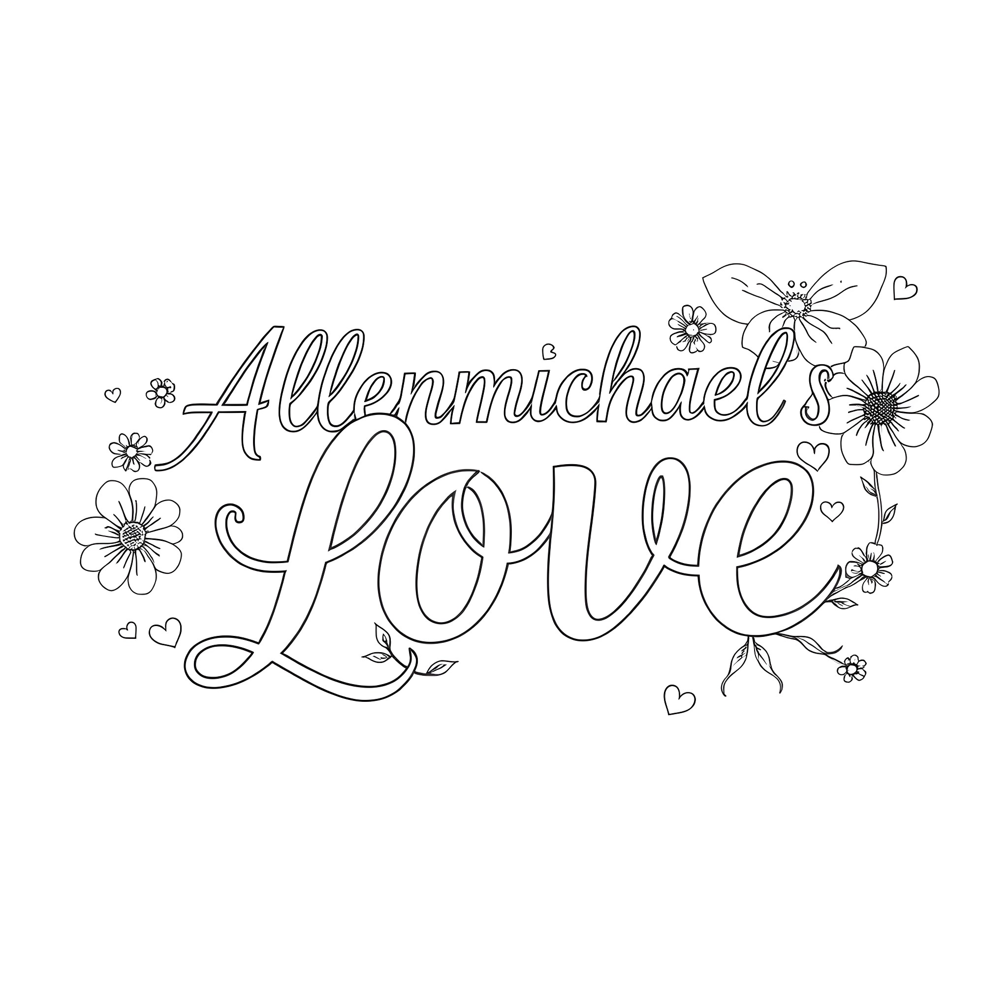 Flower-themed word art with floral decorations Coloring Page (free black-and-white line drawing printable PDF for all, from beginners to advanced learners, including children, teens, adults, and seniors)