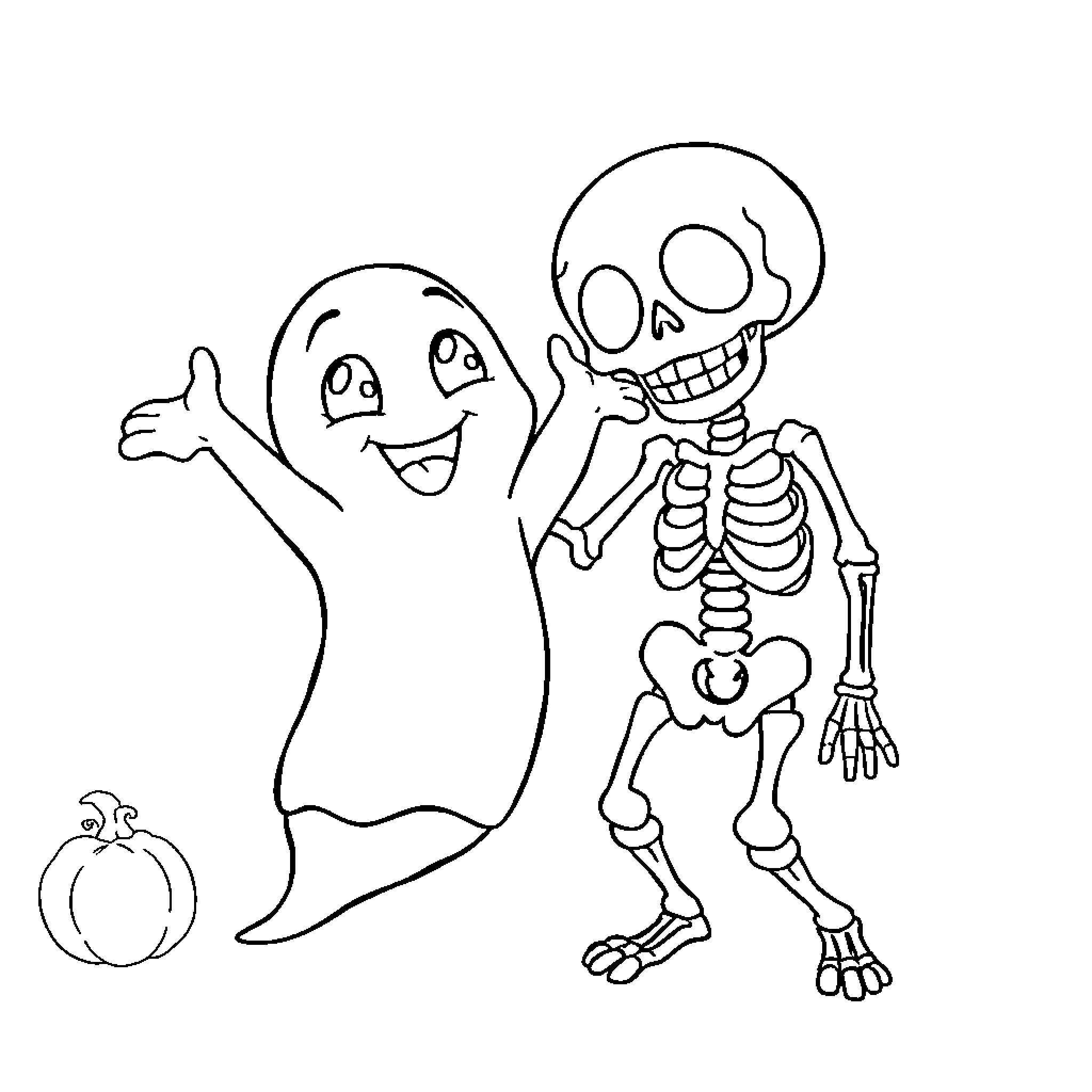 Ghost friends waving and dancing with skeleton Coloring Page (free black-and-white line drawing printable PDF for all, from beginners to advanced learners, including children, teens, adults, and seniors)