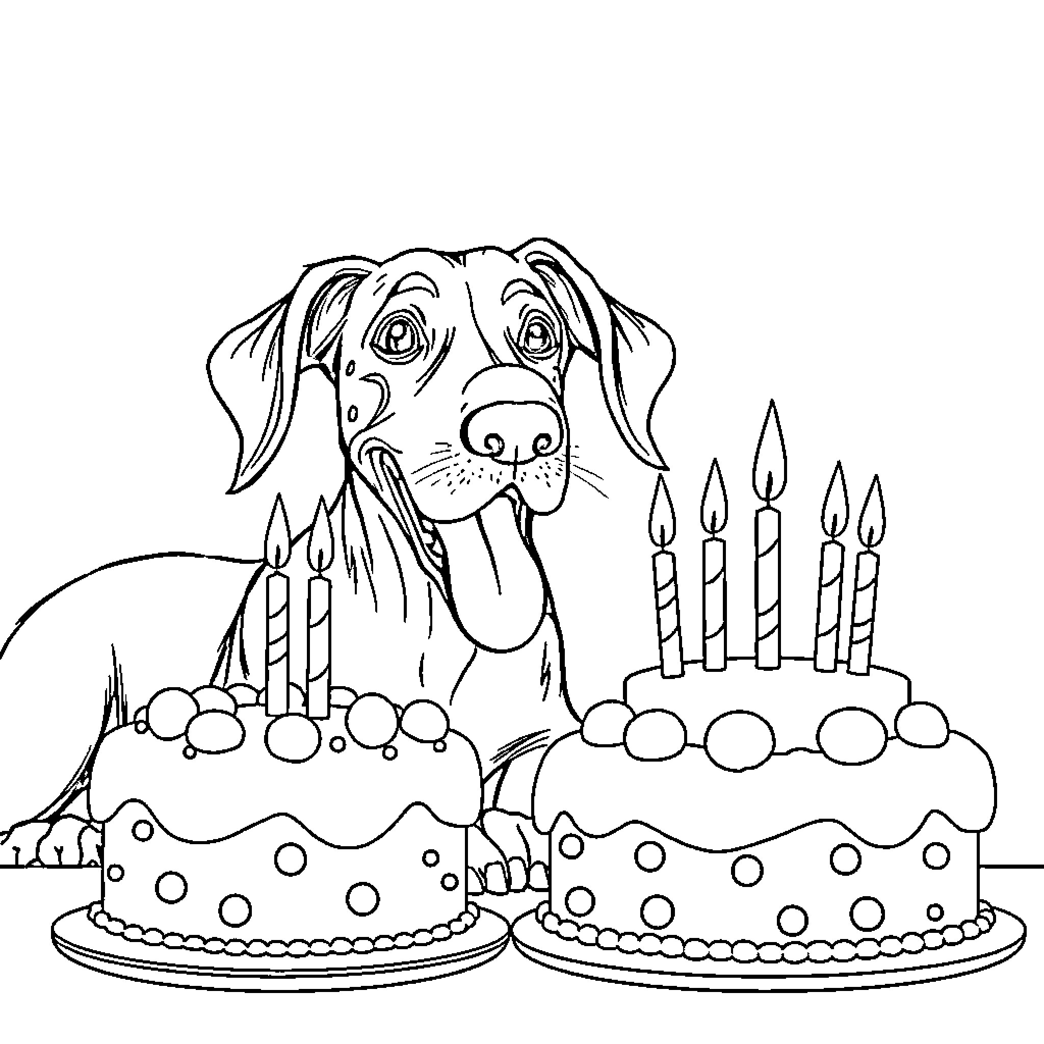 Vizsla Celebrates with Birthday Cakes and Candles Coloring Page (free black-and-white line drawing printable PDF for all, from beginners to advanced learners, including children, teens, adults, and seniors)