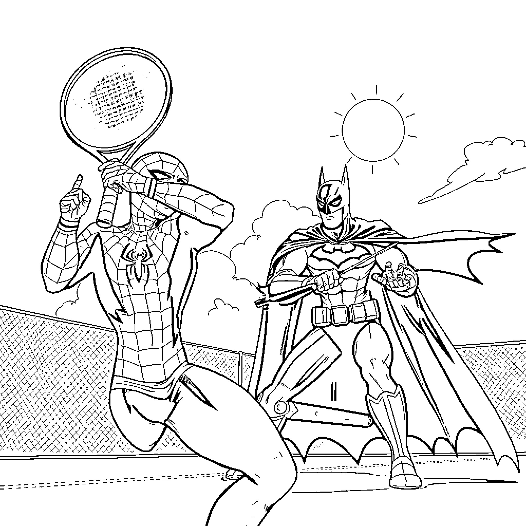 Spiderman and Batman face off in an outdoor scene Coloring Page (free black-and-white line drawing printable PDF for all, from beginners to advanced learners, including children, teens, adults, and seniors)