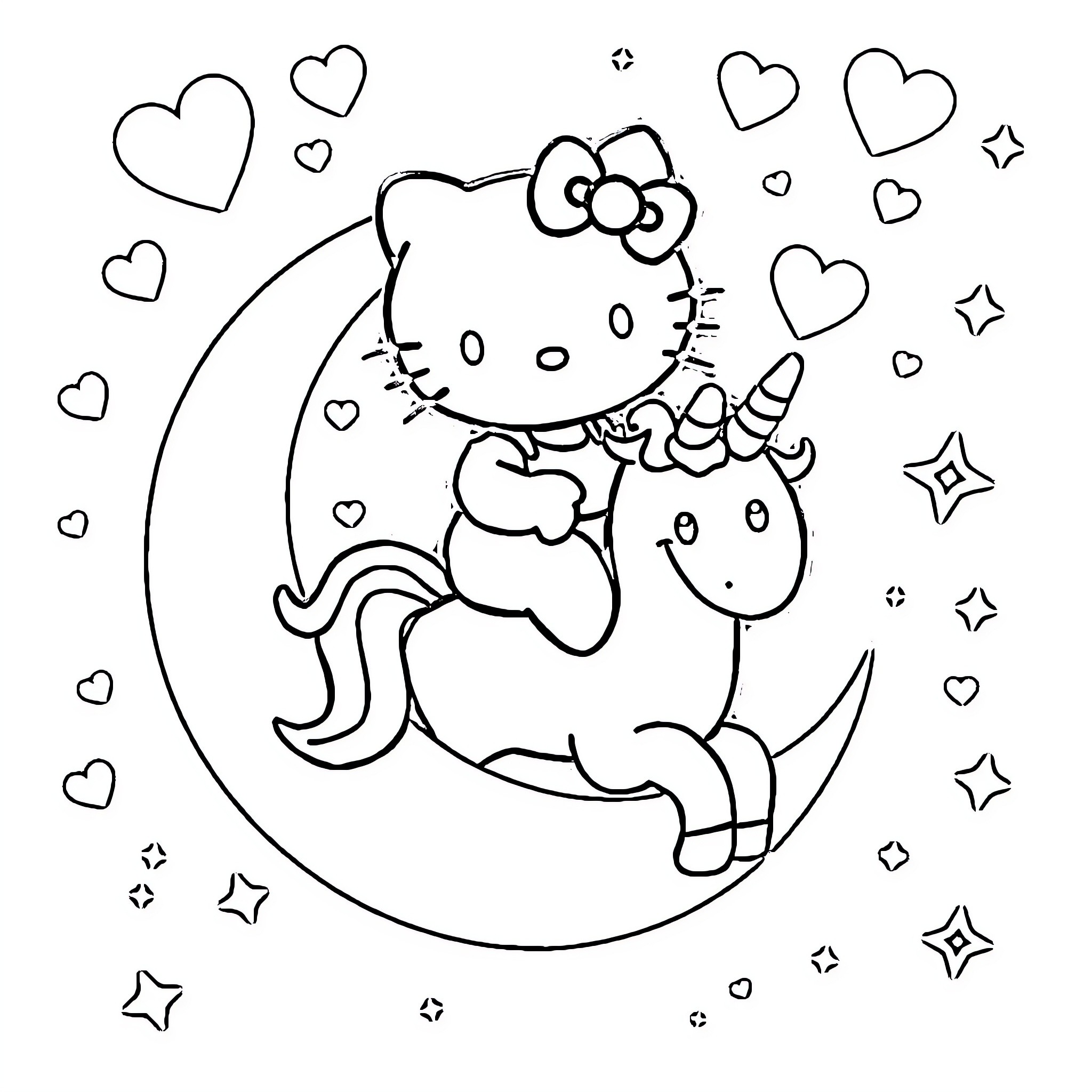 Hello Kitty's Magical Unicorn Adventure Coloring Page (free black-and-white line drawing printable PDF for all, from beginners to advanced learners, including children, teens, adults, and seniors)