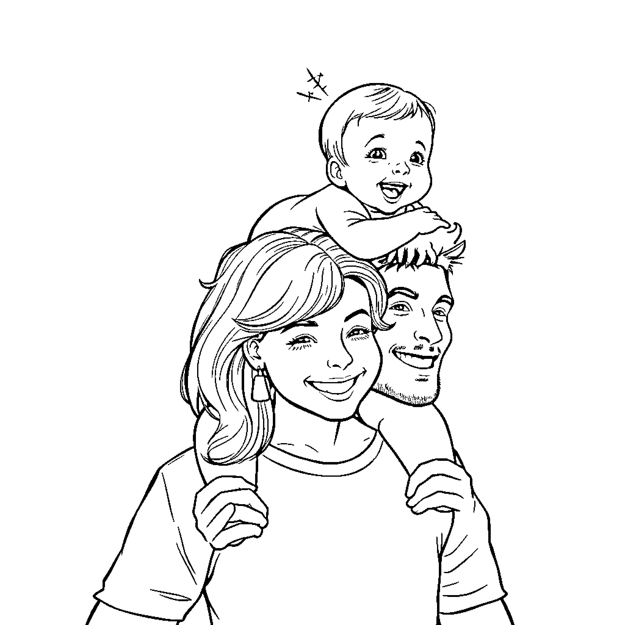 Family enjoying happy moments together Coloring Page (free black-and-white line drawing printable PDF for all, from beginners to advanced learners, including children, teens, adults, and seniors)