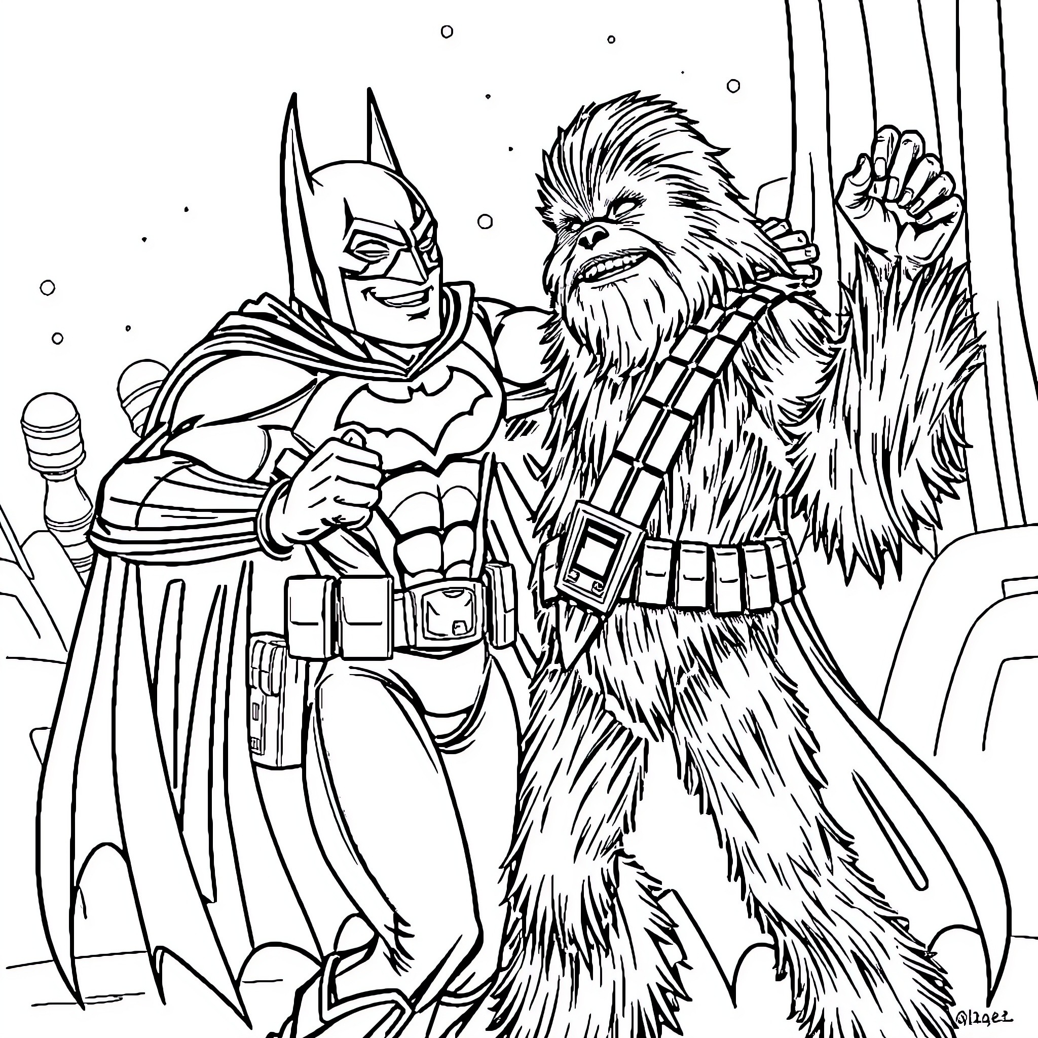 Batman and Chewbacca's Interstellar Adventure Coloring Page (free black-and-white line drawing printable PDF for all, from beginners to advanced learners, including children, teens, adults, and seniors)