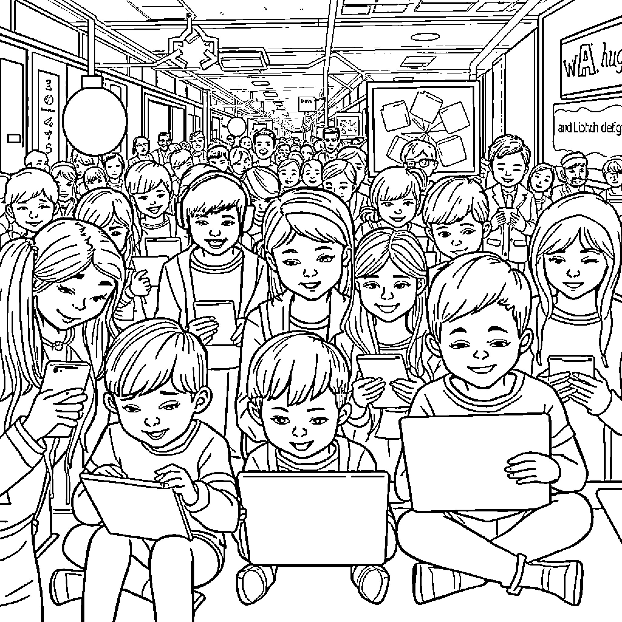 Person in a crowded school or library setting Coloring Page (free black-and-white line drawing printable PDF for all, from beginners to advanced learners, including children, teens, adults, and seniors)