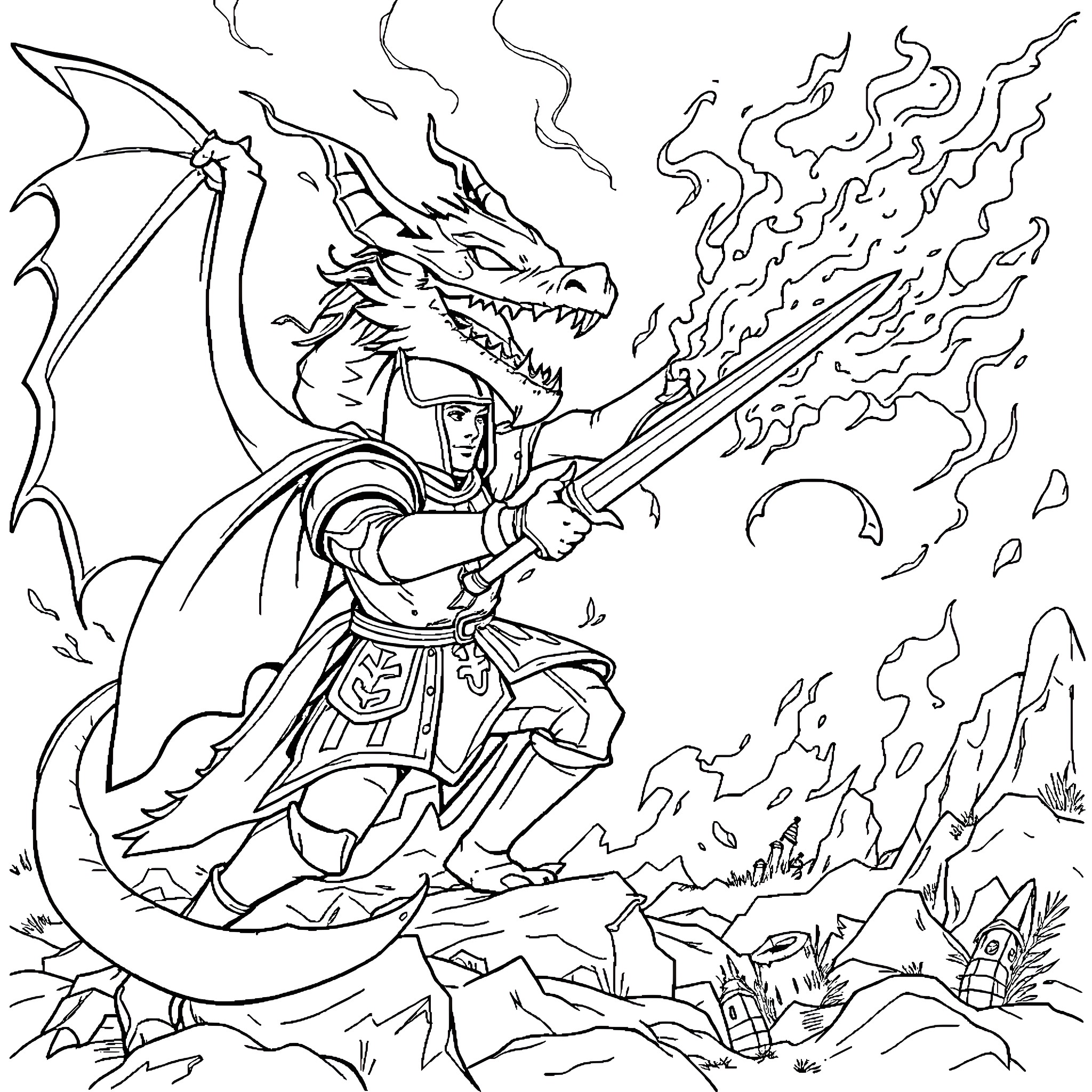 Knight battling a fierce dragon with sword and shield Coloring Page (free black-and-white line drawing printable PDF for all, from beginners to advanced learners, including children, teens, adults, and seniors)