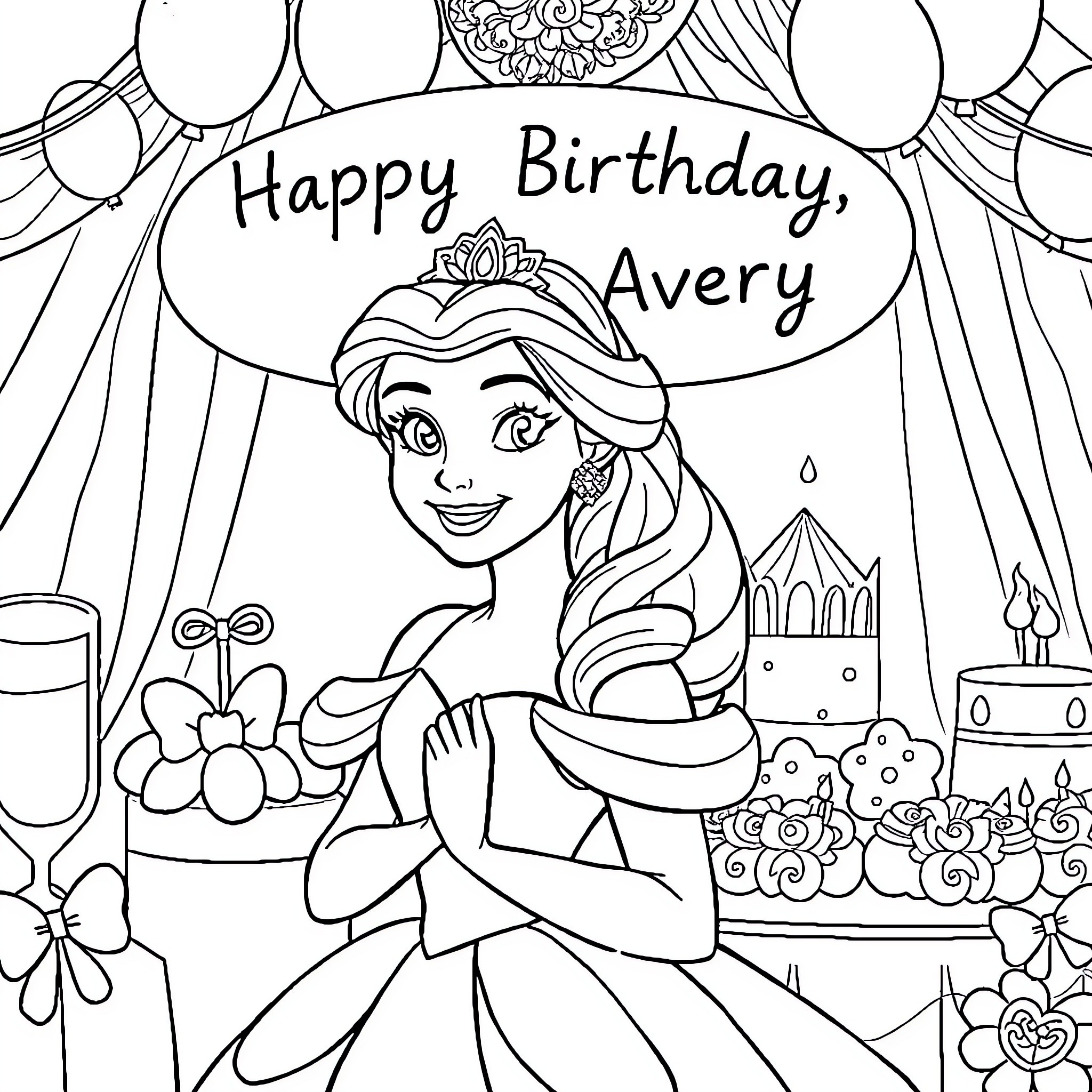 Princess celebrating her birthday joyfully Coloring Page (free black-and-white line drawing printable PDF for all, from beginners to advanced learners, including children, teens, adults, and seniors)