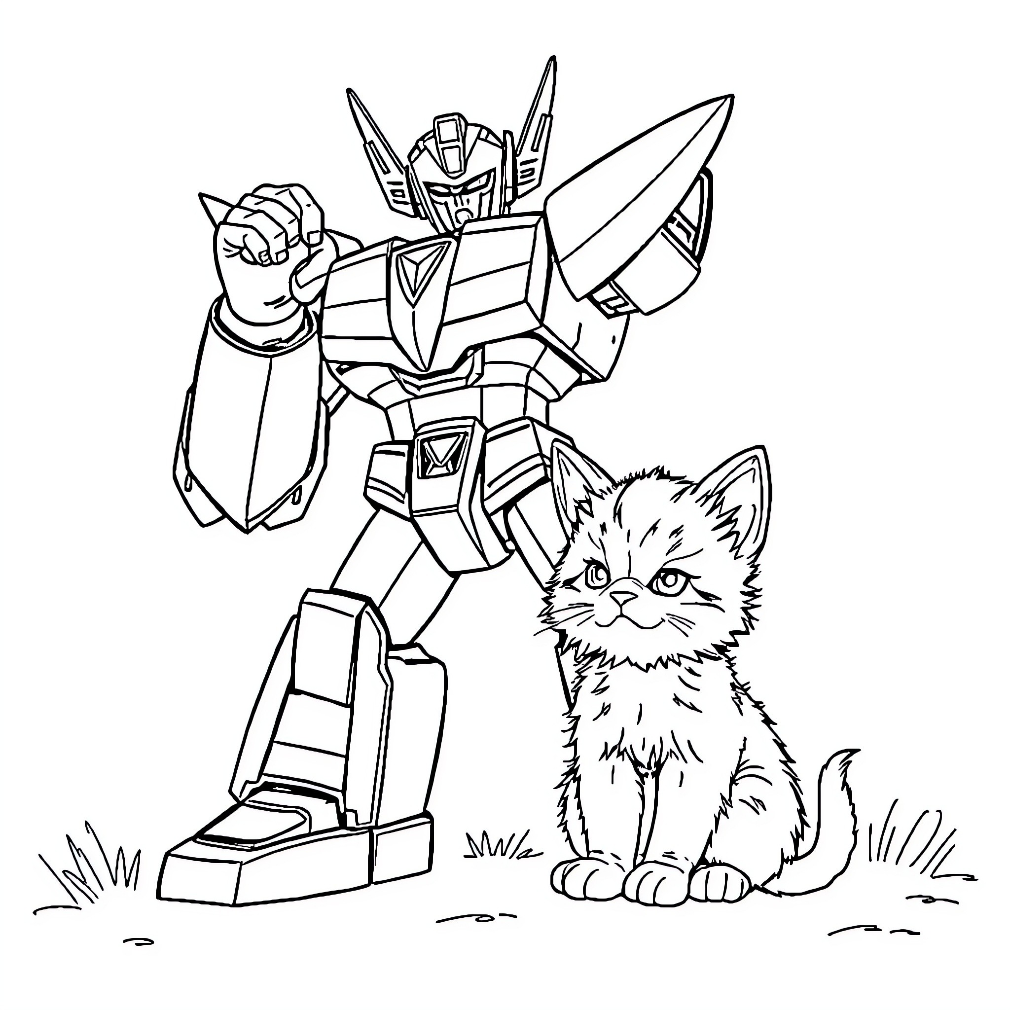 Voltron and a Curious Kitten Coloring Page (free black-and-white line drawing printable PDF for all, from beginners to advanced learners, including children, teens, adults, and seniors)