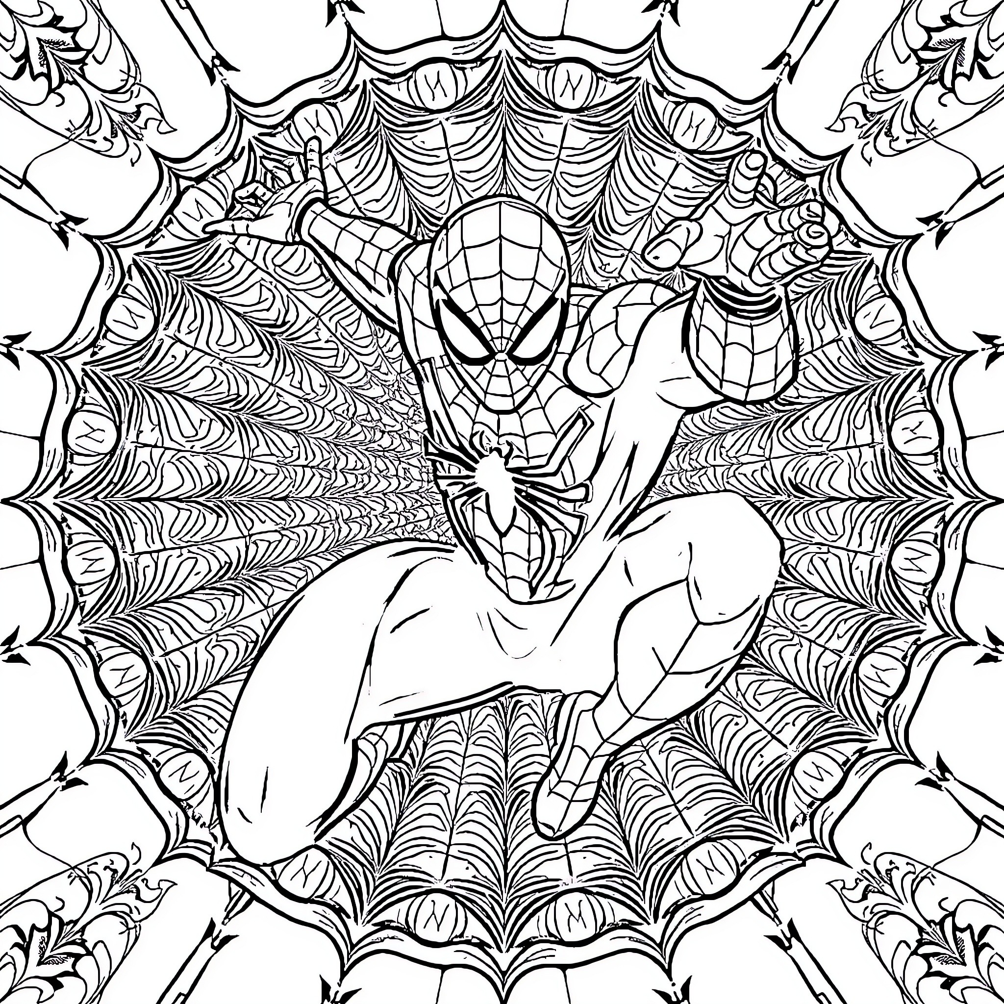 Spider-Man web-slinging in action Coloring Page (free black-and-white line drawing printable PDF for all, from beginners to advanced learners, including children, teens, adults, and seniors)