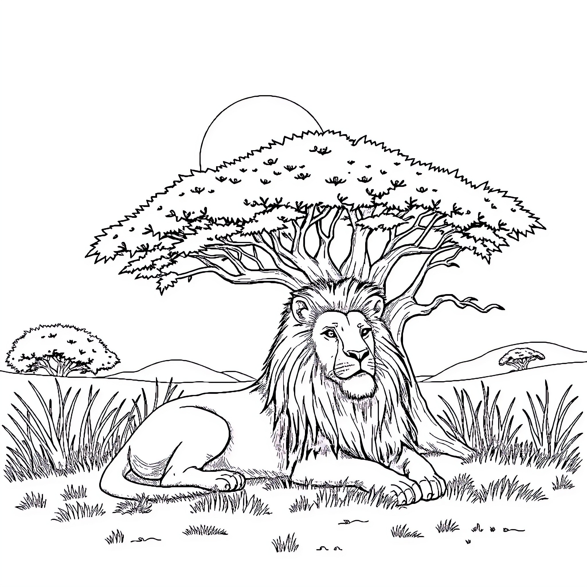 Lion resting under a large tree in the savanna Coloring Page (free black-and-white line drawing printable PDF for all, from beginners to advanced learners, including children, teens, adults, and seniors)