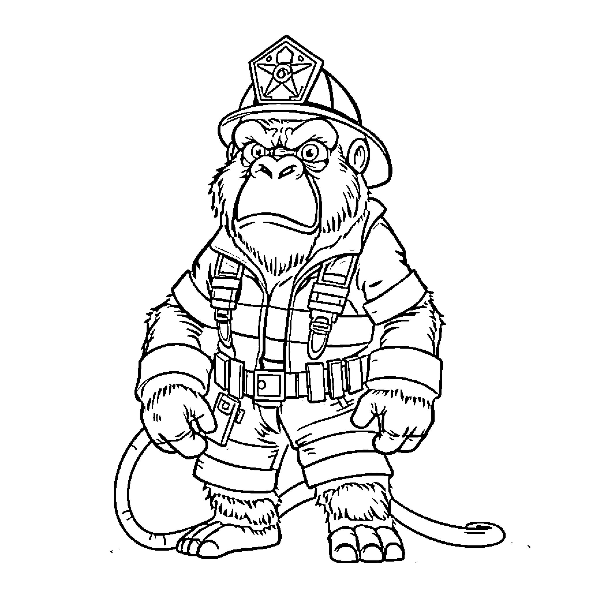 Gorilla firefighter in uniform Coloring Page (free black-and-white line drawing printable PDF for all, from beginners to advanced learners, including children, teens, adults, and seniors)