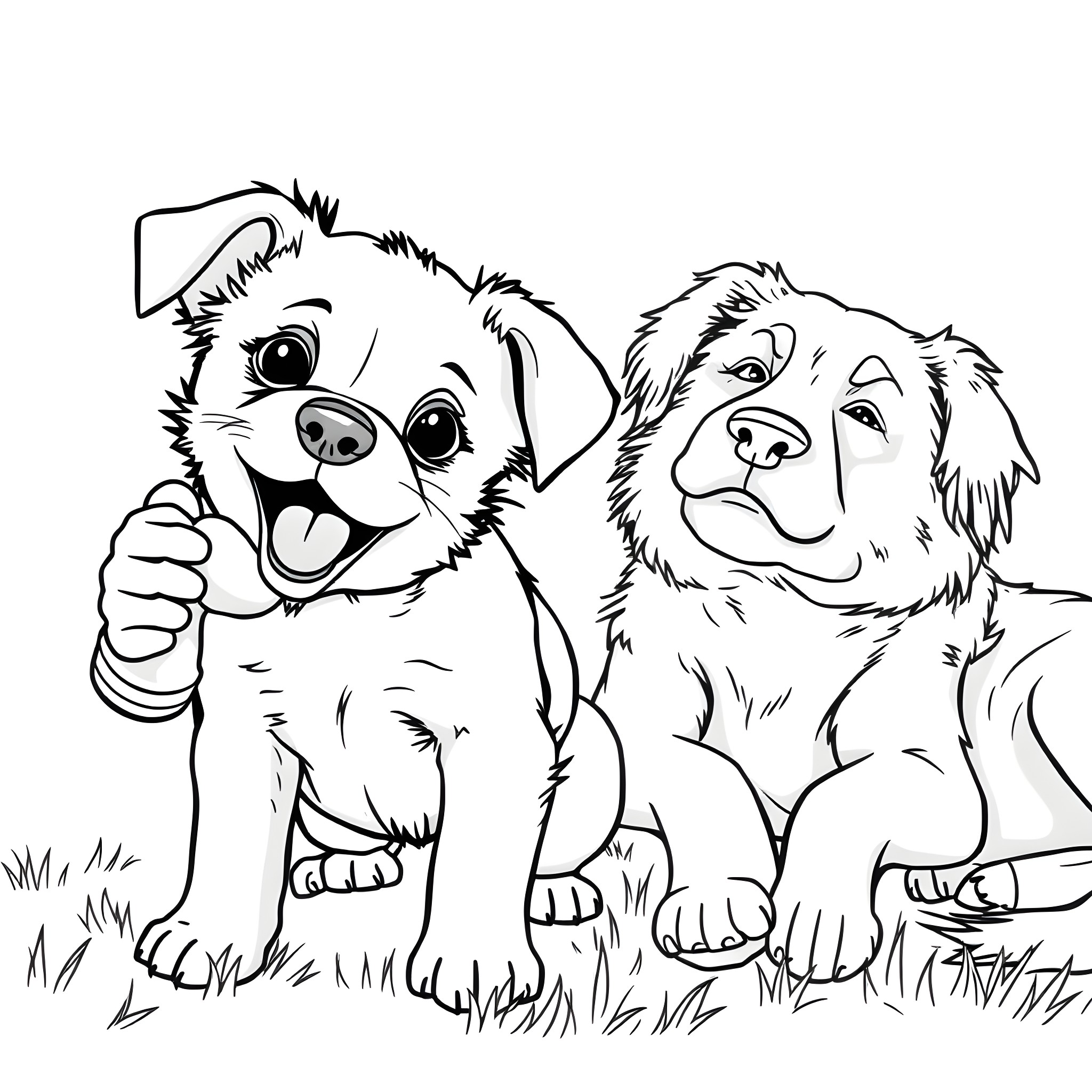 Dog pals having fun outdoors Coloring Page (free black-and-white line drawing printable PDF for all, from beginners to advanced learners, including children, teens, adults, and seniors)