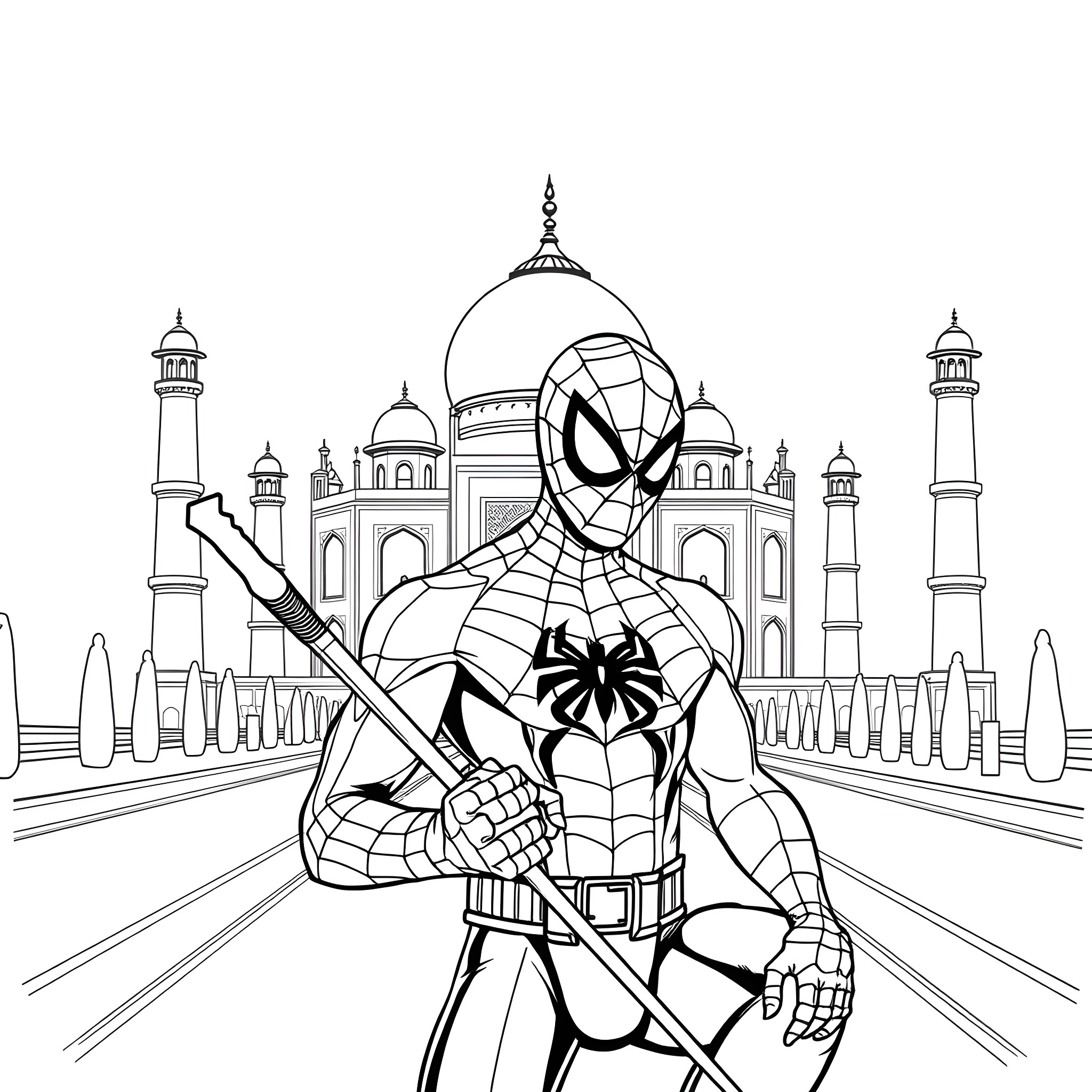 Spiderman swinging in front of a majestic palace Coloring Page (free black-and-white line drawing printable PDF for all, from beginners to advanced learners, including children, teens, adults, and seniors)