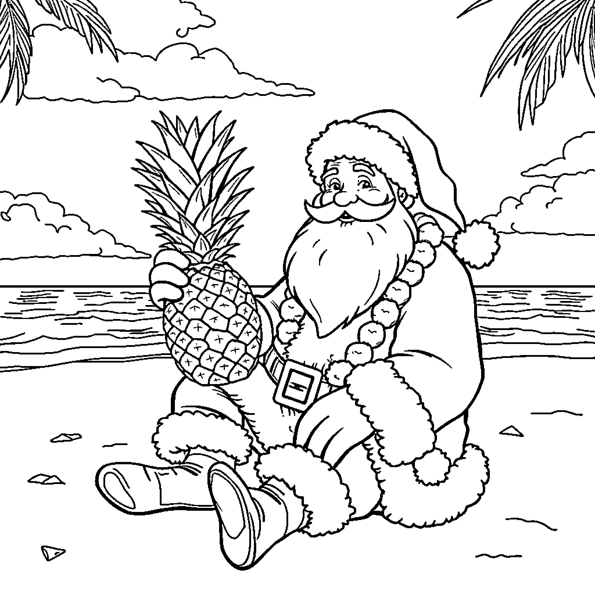 Santa Claus relaxing on a tropical beach Coloring Page (free black-and-white line drawing printable PDF for all, from beginners to advanced learners, including children, teens, adults, and seniors)